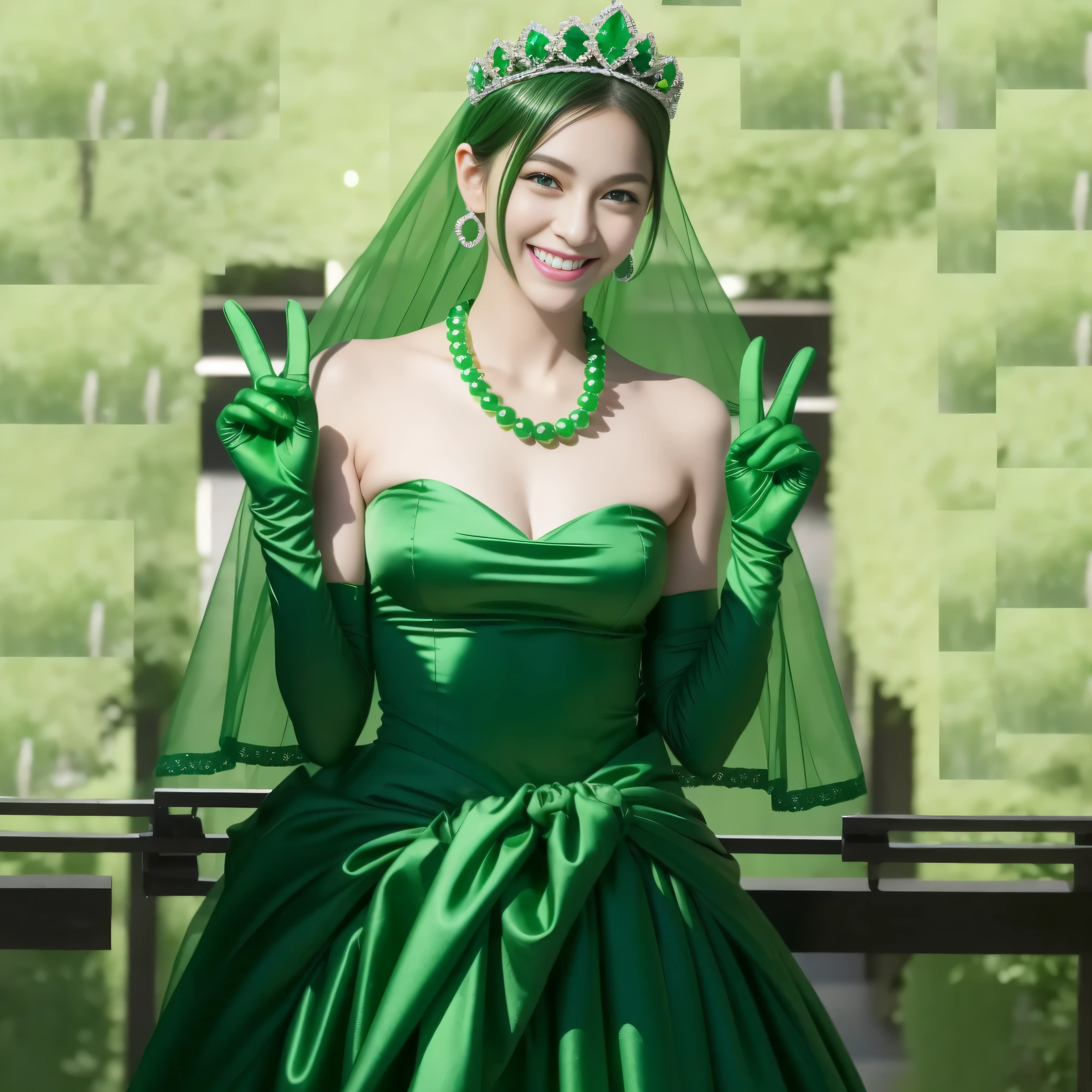 emerald tiara, Green Pearl Necklace, Boyish green berry short hair, lipstick, Smiling Japan woman, very short hair, big breasts beautiful, green eyes, Green long gloves made of satin material, green eyes, v sign, emerald earrings, green gloss
