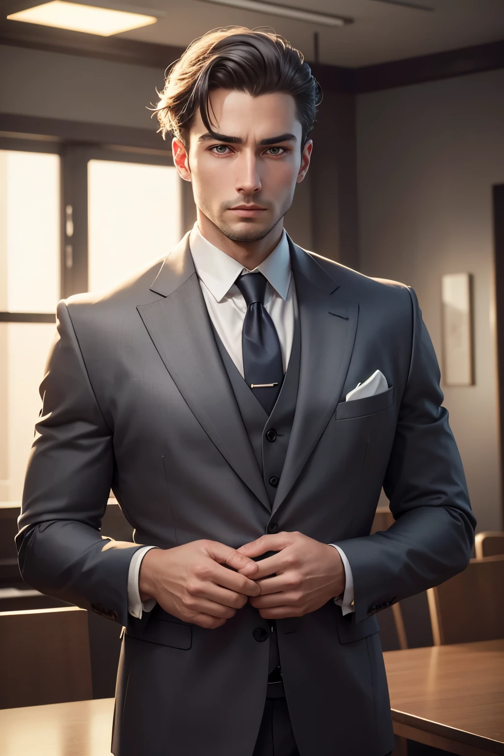 in a gentleman's suit and tie、Young business owner in his 30s,gray hair,A photo with a straight body and head, Turn to the side that looks at the photo, The eye is fixed on the lens, In the photo you can see the shoulders and head, Man in the center of the photo, 8k, highest quality, table top, realistic, realistic photo, cinematic pictures, ultra realistic, perfect lighting, DSRL, professional photos, 4K muscular