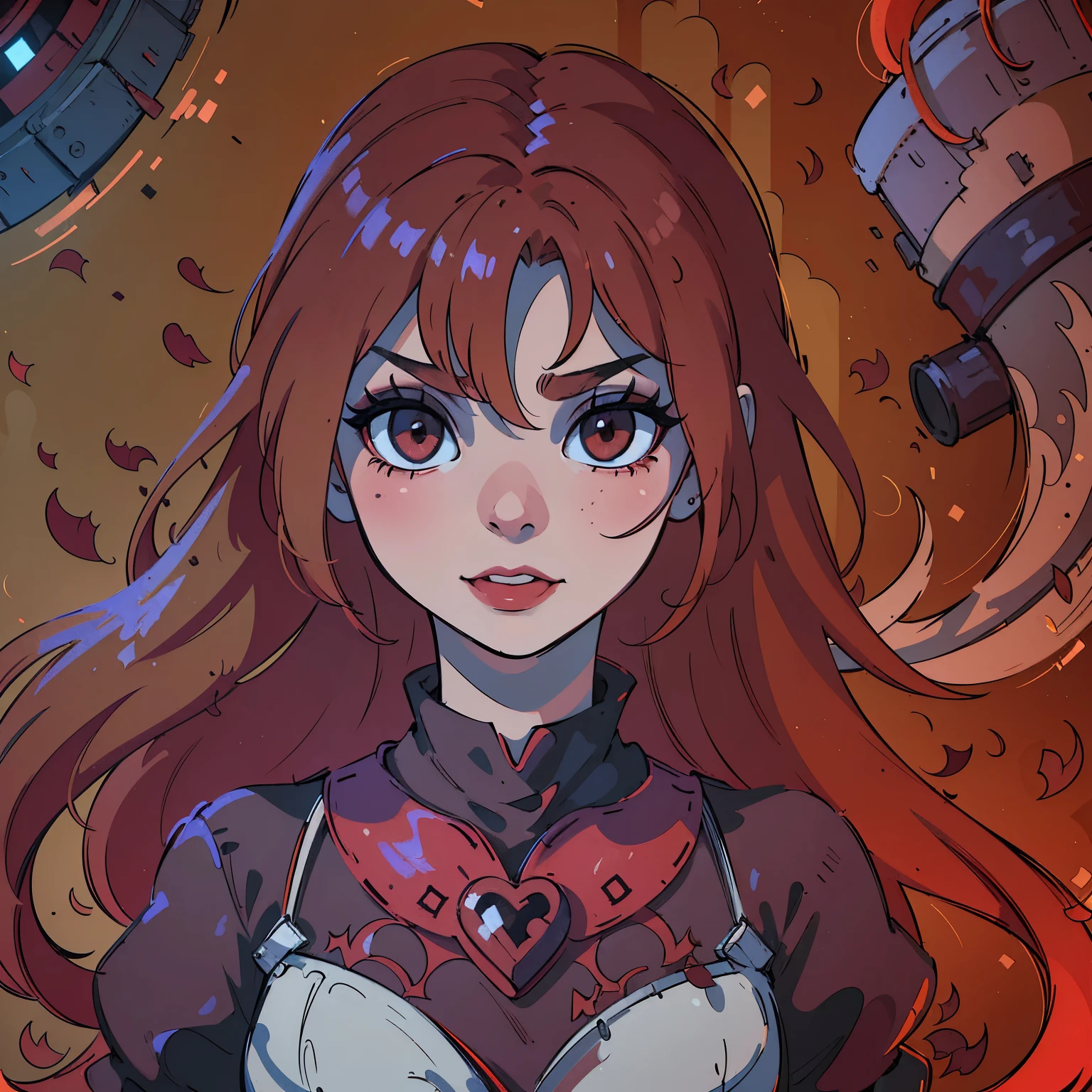 (best quality,4k,8k,highres,masterpiece:1.2),ultra-detailed,(realistic,photorealistic,photo-realistic:1.37),blood red hair,blood red eyes,extremely detailed eyes and face,lighter skin,vivid colors,dark shadows,dramatic lighting,gothic,horror,portrait,very red hair,beautiful nose,smile, Do not alter the hair fringe,Red lipstick, smile with beautiful teeth