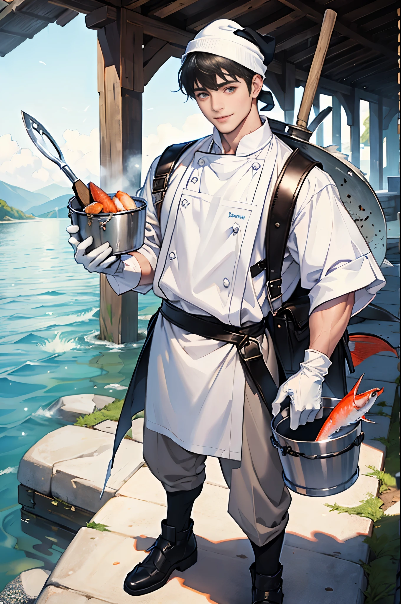 (((((male))))), masterpiece, ultra detailed, 8K Portrait, Raw photo, man's portrait photography, full body, Highly detailed face, ((Fantasy)), young man, 25 years old, 1 man, smile, (((Cooks))), laugh heartily, standing with hands on hips, (((bowl cut))), (((white skin color))), ((toque blanche), (((cook shirt))), white apron, ((leather gloves)), (((carrying a ax on his back))), Midday Sun, Hyper realistic, Long legs, at the medieval pier, (((Bucket full of fish))), Ambient lighting, Shadow details , Camera focus on face, Light fog