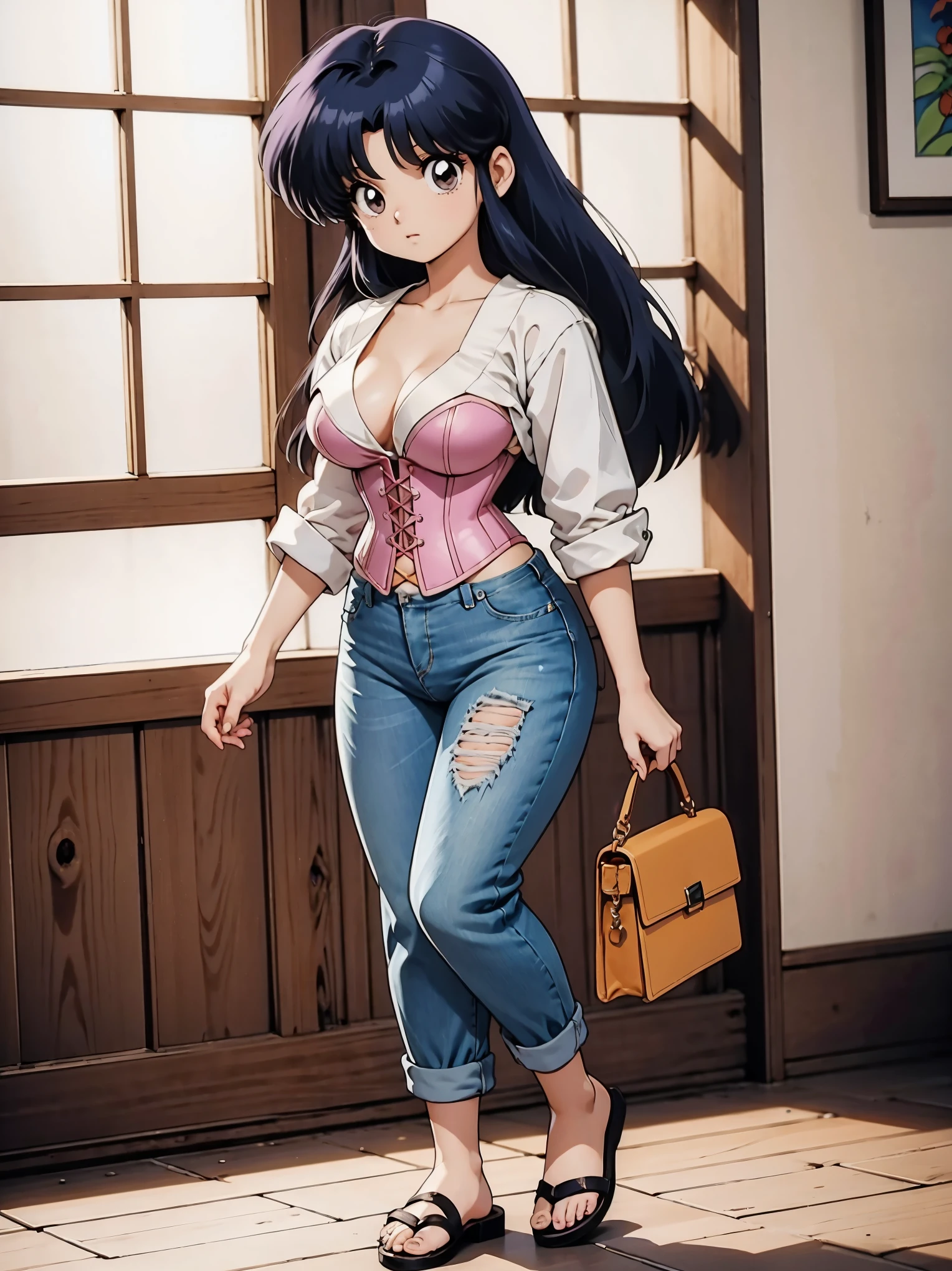 Garota anime cabelo escuro com bermuda jeans e corset pink, , corpo bonito, seios grandes, com as hands on chest, hands on chest, Garota sexy, purple cabelo, mechas de cabelo laterais, mechas de cabelo na lateral do rosto, beautiful lighting, sombras suaves, olhos azuis, pernas bonitas, cabelo curto, estilo anime, personagem Akane Tendo, Autora Rumiko Takahashi, Baseado em obra de Rumiko Takahashi, Anime Ranma 1/ 2, decote sexy, quadril robusto, corpo inteiro, corpo inteiro, busto grande, garota jovem com corpo belo e bonito, sandals on his feet, garota 16 anos usando bermuda jeans e corset pink, garota anime, estilo anime, beautiful feet in sandals, 45° viewing angle, ao ar livre, peito grande, seios bonitos, cabelo preto, sandals on the feet, pernas bonitas, sexy, belas pernas, Sandalias, seios grandes, corpo completo, corpo inteiro, feet with sandals, big