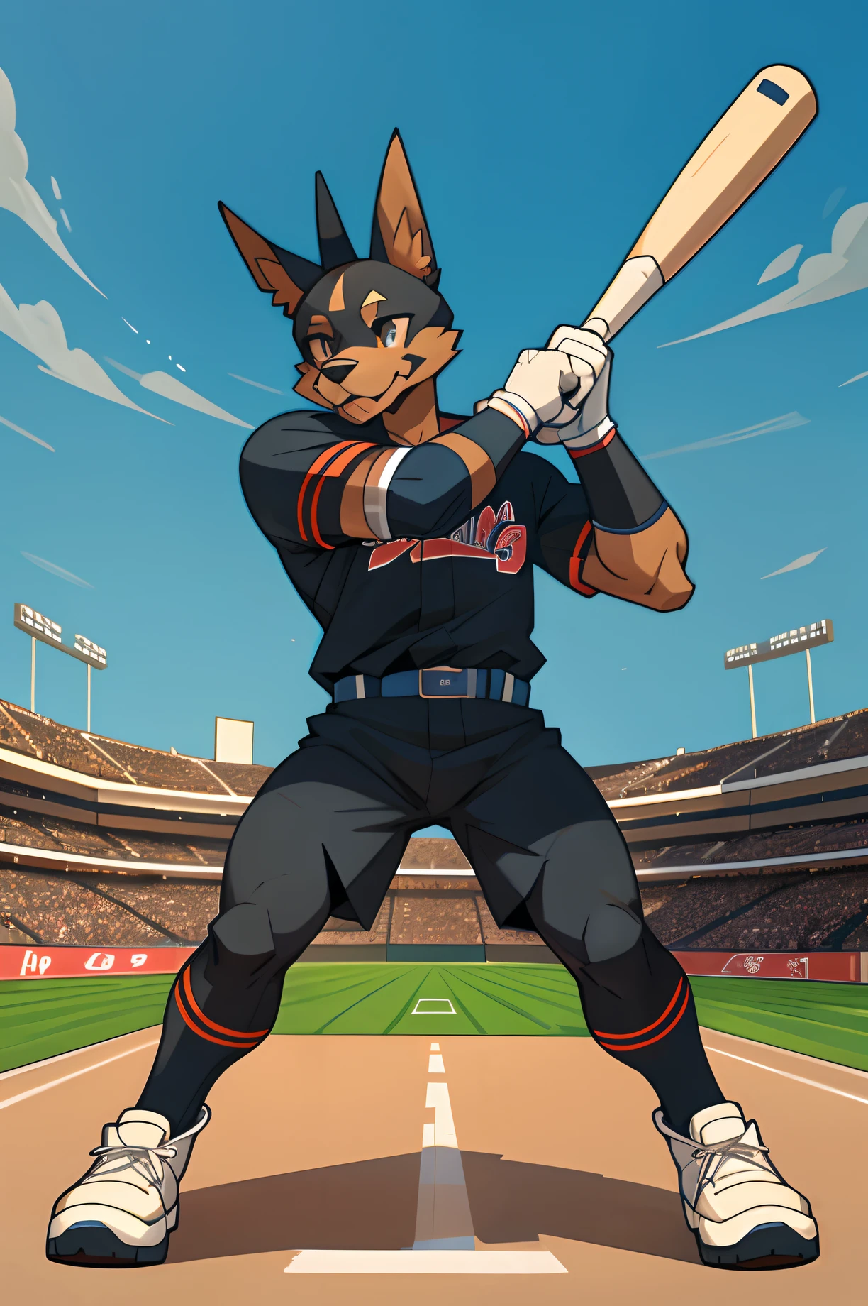C4tt4stic, Cartoon Doberman dog of baseball player hitting in baseball uniform(The specifics of the appearance of Doberman dogs)