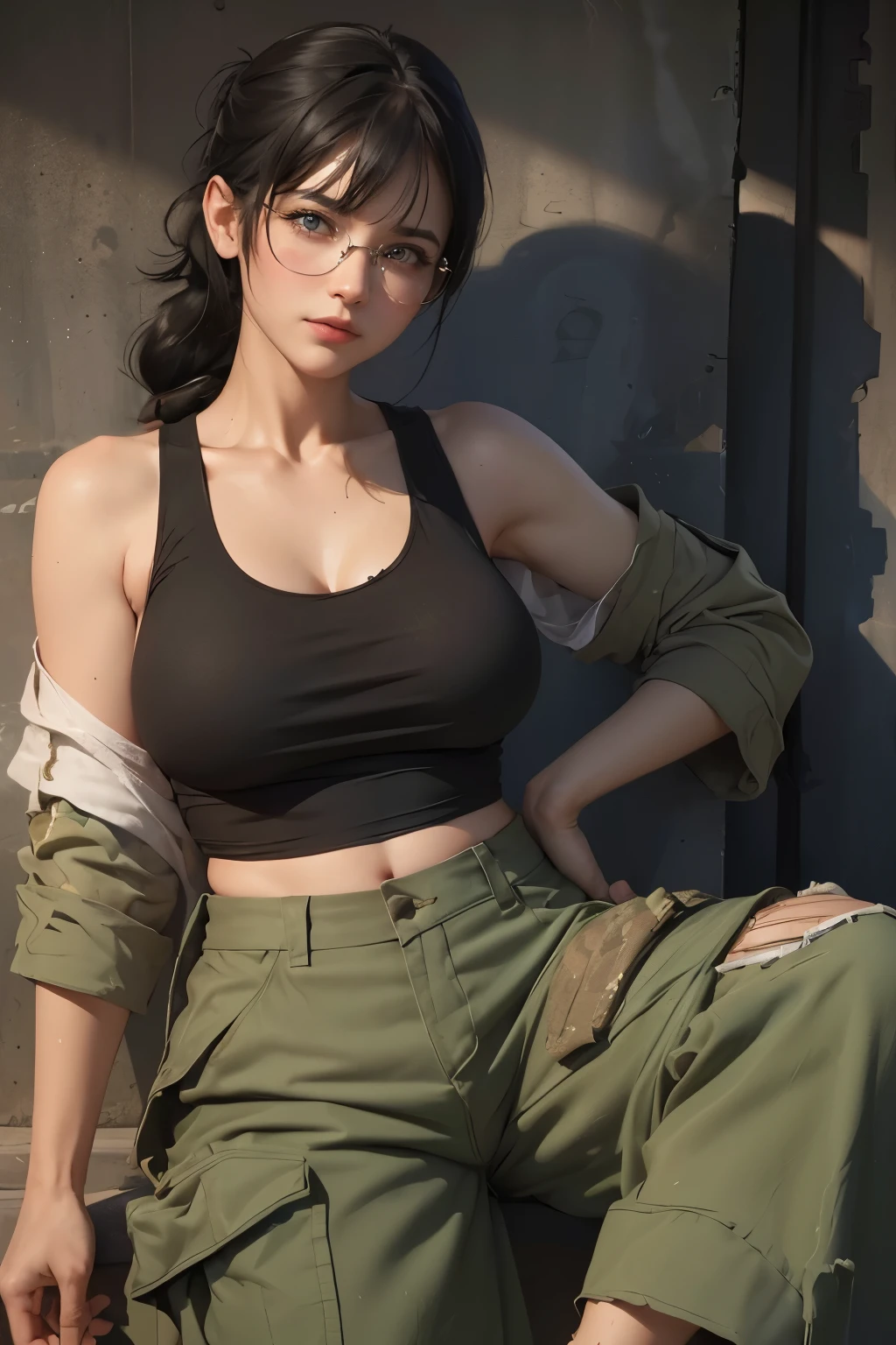 ((wide angle image)), beautiful female veteran, black hair in a ponytail, bangs, wearing large glasses, smirk, injuries, (((wearing a white military tank top, layered with ww2 Oversized military uniform, Wearing ww2 military pants. Oversized, Off shoulders, Distressed, worn-out))), on the ww2 battlefield.