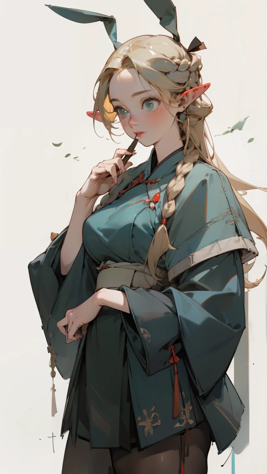 (masterpiece, best quality) detailed, Wearing black tights, silver accessories ,blonde ,elegant, pointed ears，cheongsam，Hanfu，Big ，edgBunny，bunny girl