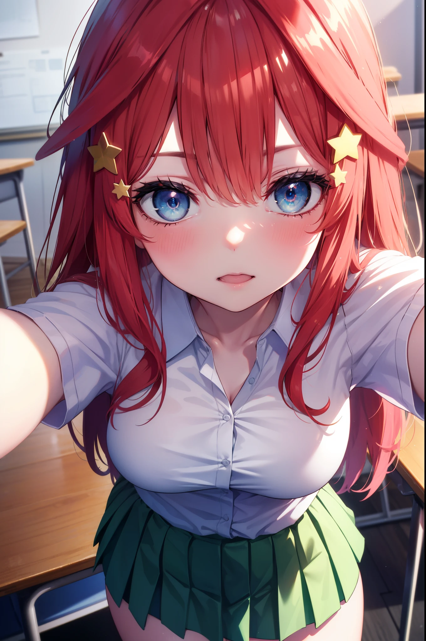 itsukinakano, Itsuki Nakano, bangs, blue eyes, hair between eyes, Ahoge, redhead, star \(symbol\), hair ornaments, star hair ornaments,long hair,smile,open your mouth,blush,The right hand takes a selfie from above the head.,left hand is on the desk,,big breasts,black bra,机にすわっる
break skirt The front is open, shirt The front is open, School uniform, clavicle, white shirt, short sleeve, pleated skirt, socks, collared shirt, mini skirt, knee high, white socks, green skirt,
break indoors, School, classroom,
break (masterpiece:1.2), highest quality, High resolution, unity 8k wallpaper, (figure:0.8), (detailed and beautiful eyes:1.6), highly detailed face, perfect lighting, Very detailed CG, (perfect hands, perfect anatomy),