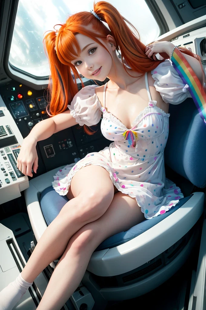 Best Quality, Masterpiece, 8k, RAW (overhead view) ((Cute redhead with rainbow colored hair tips:1.2)), ribbons in her hair, 18-year-old woman, happy, excited expression, smiling, in twin tails, perfect eyes, clear sparkling blue eyes, pale skin, silky smooth skin, porcelain white skin, flying a fancy metal luxurious space ship, futuristic cockpit, she's a pilot laying in her pilot chair, outer space seen in windows, the vastness of space, dark warm lighting, wearing a futuristic party dress, pleated (chemise) mini dress (pastel rainbow colors, and polka dots), puffy sleeves, silk, wearing full body pantyhose, bare feet.