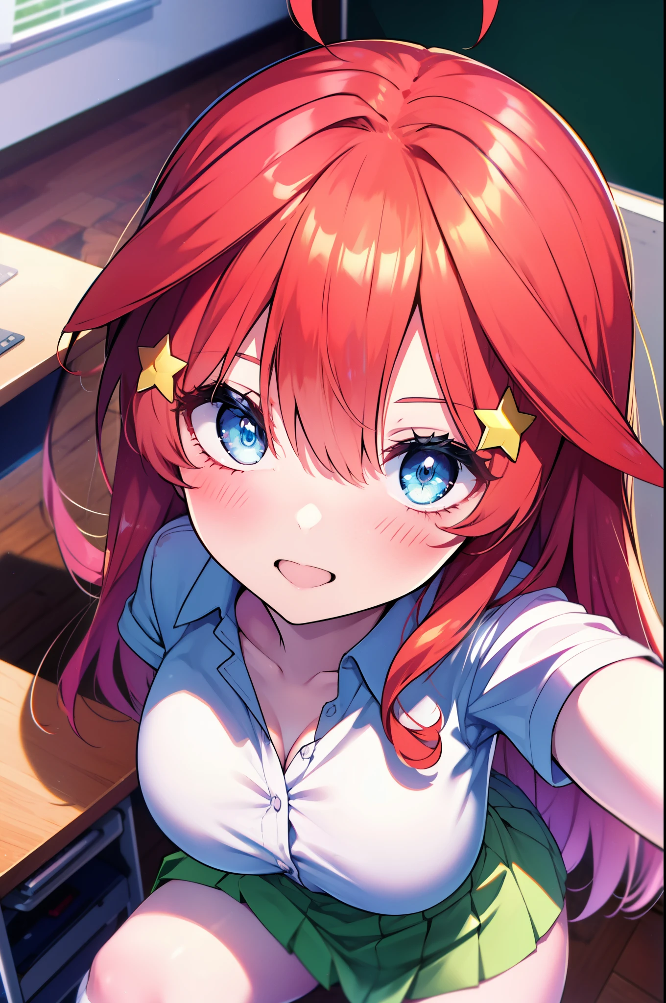 itsukinakano, Itsuki Nakano, bangs, blue eyes, hair between eyes, Ahoge, redhead, star \(symbol\), hair ornaments, star hair ornaments,long hair,smile,open your mouth,blush,The right hand takes a selfie from above the head.,left hand is on the desk,,big breasts,black bra,机にすわっる
break skirt　The front is open, shirt　The front is open, School uniform, clavicle, white shirt, short sleeve, pleated skirt, socks, collared shirt, mini skirt, knee high, white socks, green skirt,
break indoors, School, classroom,
break (masterpiece:1.2), highest quality, High resolution, unity 8k wallpaper, (figure:0.8), (detailed and beautiful eyes:1.6), highly detailed face, perfect lighting, Very detailed CG, (perfect hands, perfect anatomy),