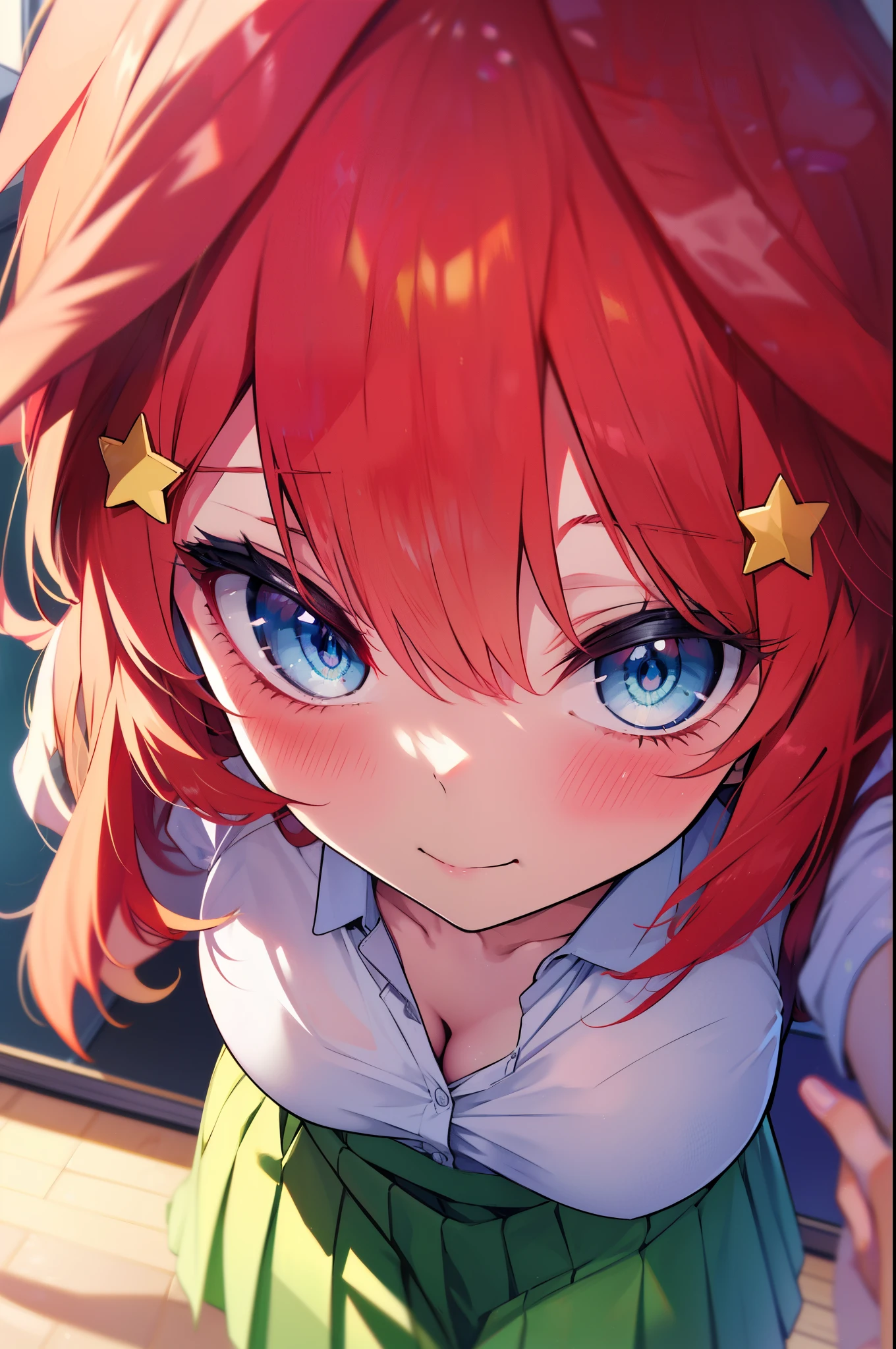 itsukinakano, Itsuki Nakano, bangs, blue eyes, hair between eyes, Ahoge, redhead, star \(symbol\), hair ornaments, star hair ornaments,long hair,smile,open your mouth,blush,The right hand takes a selfie from above the head.,left hand is on the desk,,big breasts,black bra,机にすわっる
break skirt　The front is open, shirt　The front is open, School uniform, clavicle, white shirt, short sleeve, pleated skirt, socks, collared shirt, mini skirt, knee high, white socks, green skirt,
break indoors, School, classroom,
break (masterpiece:1.2), highest quality, High resolution, unity 8k wallpaper, (figure:0.8), (detailed and beautiful eyes:1.6), highly detailed face, perfect lighting, Very detailed CG, (perfect hands, perfect anatomy),