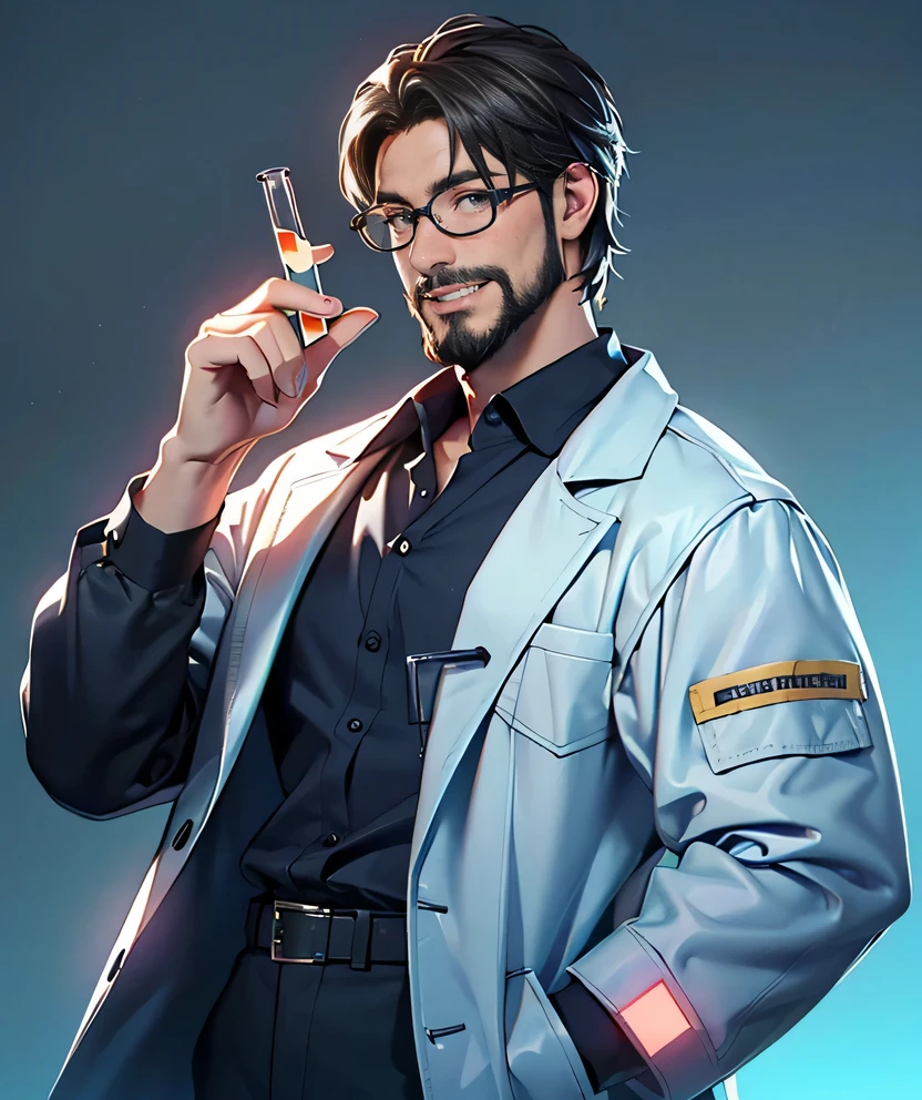 11:23(((best quality: 1.4))),(Unparalleled masterpiece), (Ultra high quality),(Hyper-realistic 8K CG)、(middle aged man有胡子),(There are technological elements on the clothes),(beard),(bad guy),Hand holding experimental equipment,Crazy smile,middle aged man,50 years old, Laugh wildly,look at camera, (Home,, white coat, test tube in hand,Test tube glows, Glasses),dim lights,darkroom,masterpiece,Half body, portrait,Ray tracing