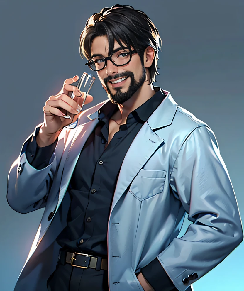 11:23(((best quality: 1.4))),(Unparalleled masterpiece), (Ultra high quality),(Hyper-realistic 8K CG)、(middle aged man有胡子),(There are technological elements on the clothes),(beard),(bad guy),Hand holding experimental equipment,Crazy smile,middle aged man,50 years old, Laugh wildly,look at camera, (Home,, white coat, test tube in hand,Test tube glows, Glasses),dim lights,darkroom,masterpiece,Half body, portrait,Ray tracing