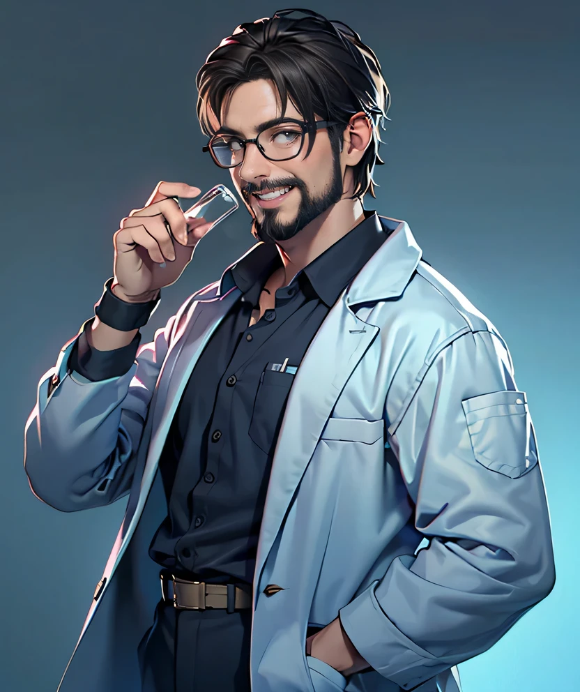 11:23(((best quality: 1.4))),(Unparalleled masterpiece), (Ultra high quality),(Hyper-realistic 8K CG)、(middle aged man有胡子),(There are technological elements on the clothes),(beard),(bad guy),Hand holding experimental equipment,Crazy smile,middle aged man,50 years old, Laugh wildly,look at camera, (Home,, white coat, test tube in hand,Test tube glows, Glasses),dim lights,darkroom,masterpiece,Half body, portrait,Ray tracing