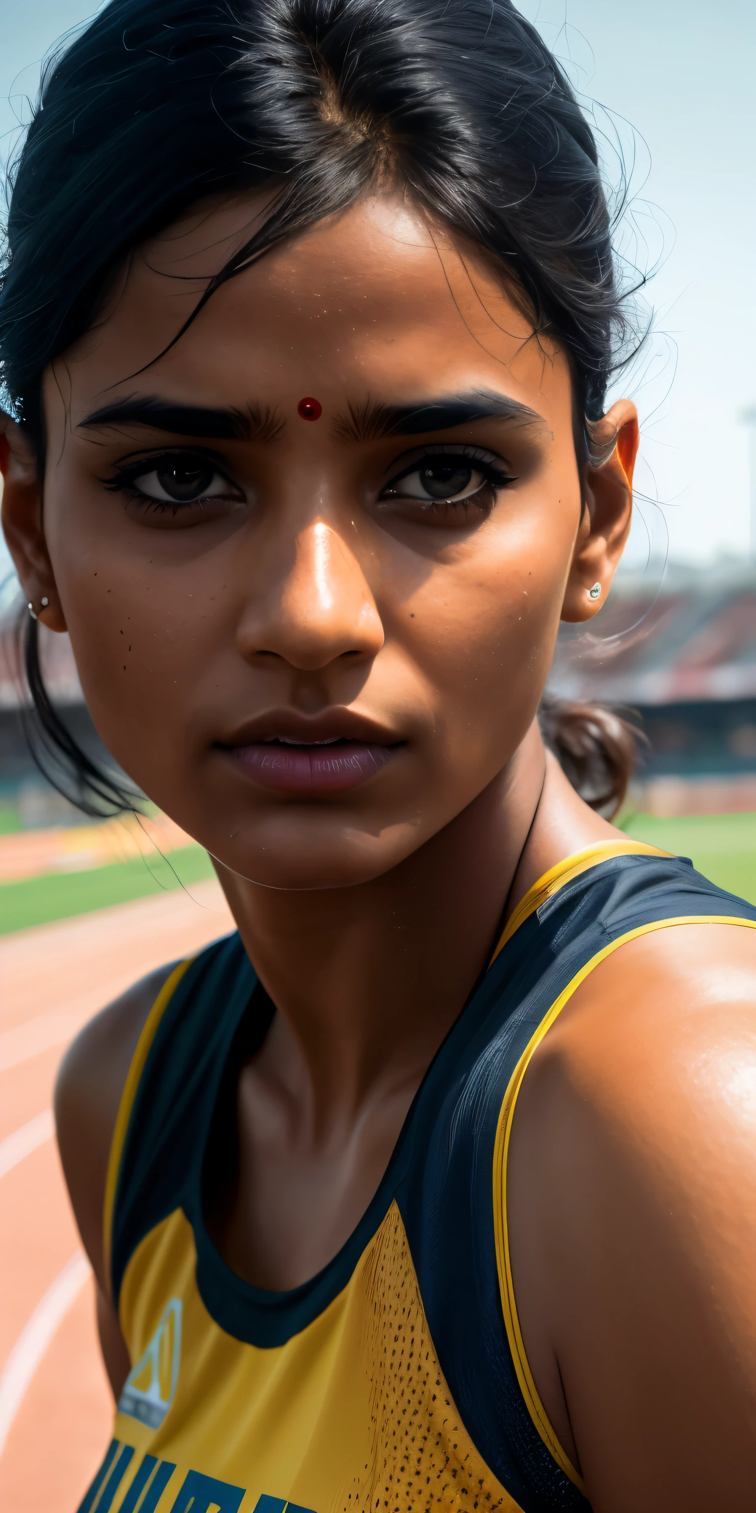 beautiful mature Indian college girl, in track outfit, outside on track field, ((slim, )), photorealistic, photo, masterpiece, realistic, realism, photorealism, high contrast, photorealistic digital art trending on Artstation 8k HD high definition detailed realistic, detailed, skin texture, hyper detailed, realistic skin texture, armature, best quality, ultra high res, (photorealistic:1.4),, high resolution, detailed, raw photo, sharp re, by lee jeffries nikon d850 film stock photograph 4 kodak portra 400 camera f1.6 lens rich colors hyper realistic lifelike texture dramatic lighting unrealengine trending on artstation cinestill 800,