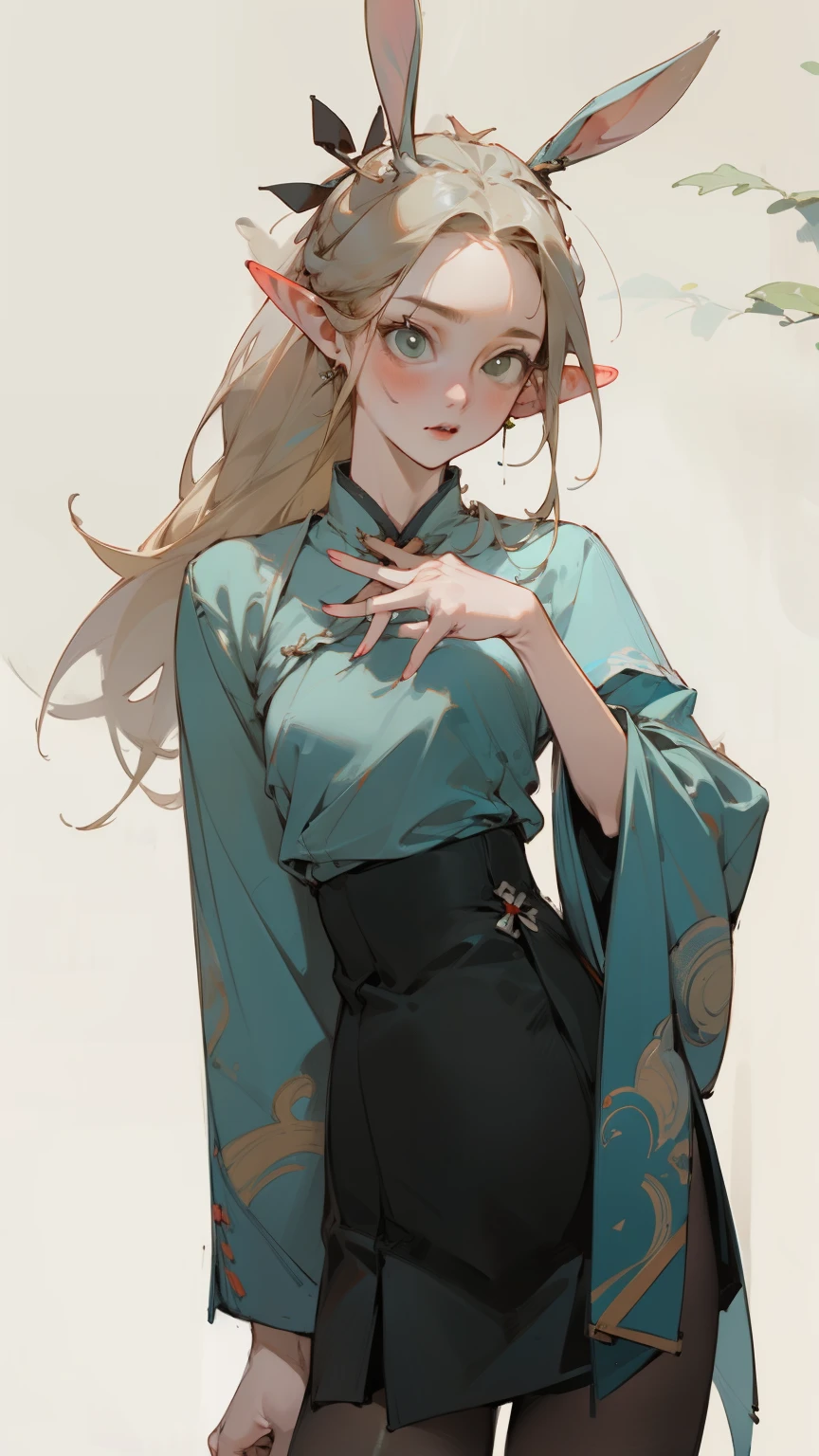 (masterpiece, best quality) detailed, Wearing black tights, silver accessories ,blonde ,elegant, pointed ears，cheongsam，Hanfu，Big ，edgBunny，bunny girl