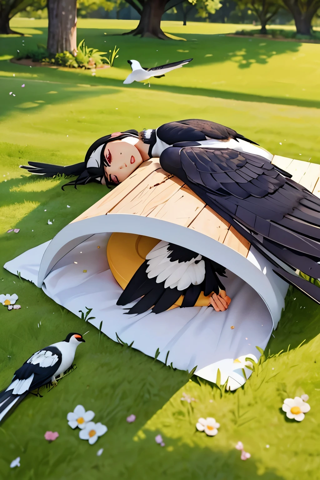 一只Lovely鸟受伤了,The bird is lying on the ground,Injured bird lying on the ground,A magpie,Lovely