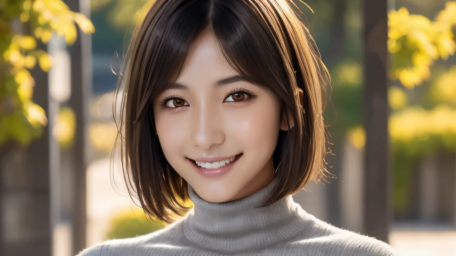 1 female、28 years old、Adult and realistic face、beautiful hair、brown hair、shortcut、bob cut、messy hair、fine and beautiful eyes、slanted eyes、yellow eyes、A smile full of fearlessness、closed mouth smile、sunburned skin、face straight toward the camera、gray turtleneck、