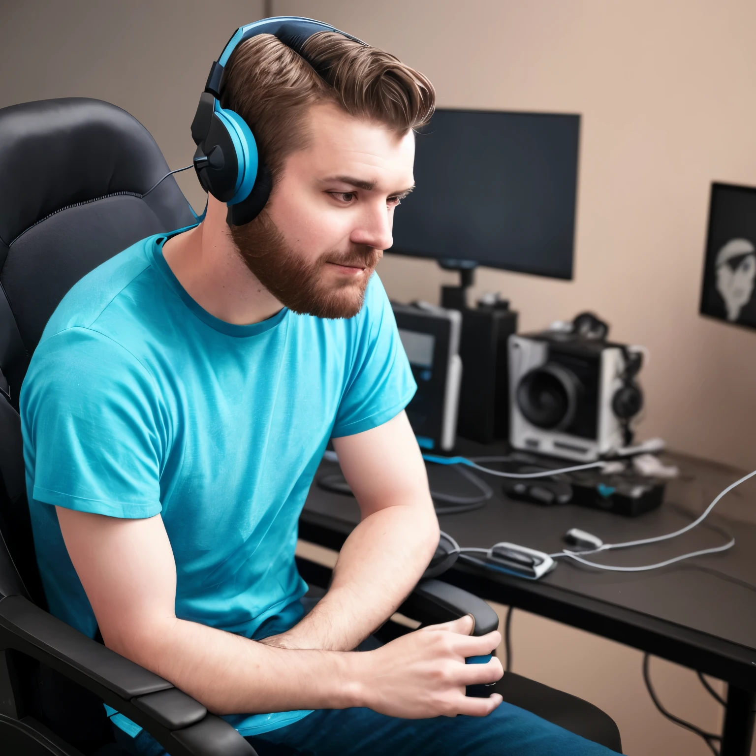 A man doing Podcast , with headset in his head and a podcast mic in front of him, He is siting in gaming chair at her studio, background of was a single gradient color , dress used T shirt . he no need to look like realistic person.