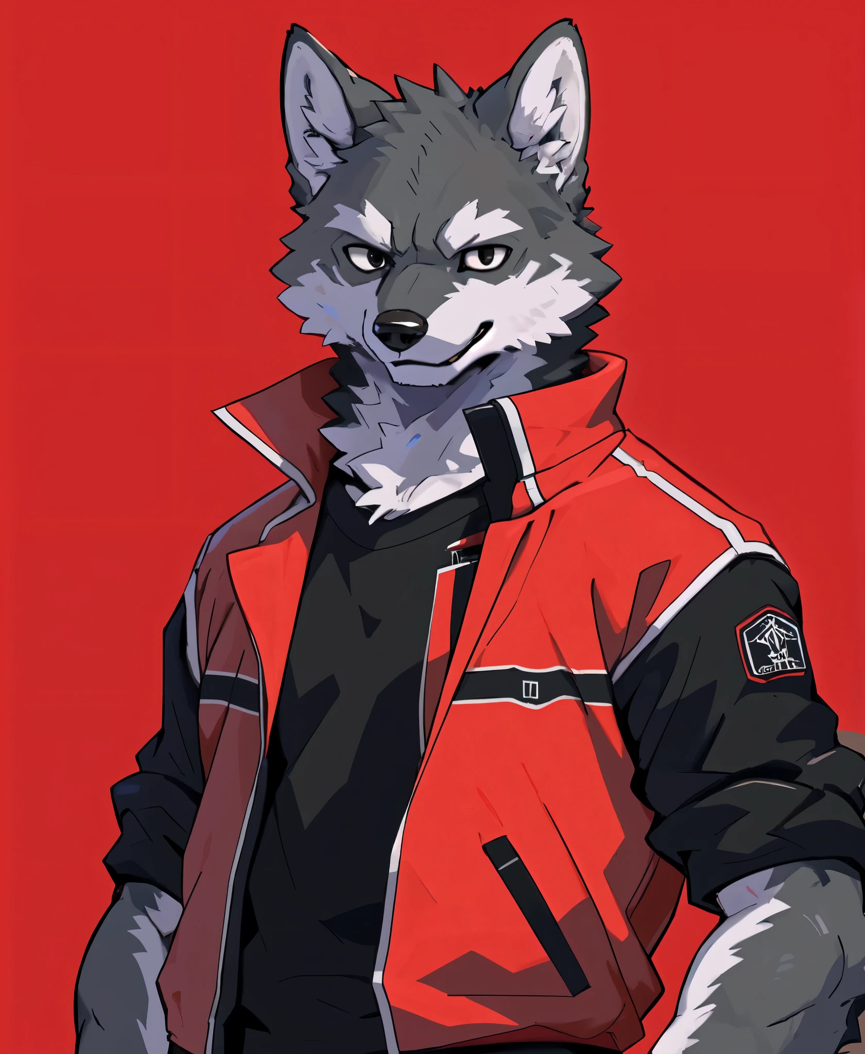 furry,kemono, anthro,
male,
bust portrait,
wolf,wolf ears,wolf tail,
grey fur,black eyes,
button ears,floppy ears,
looking at viewer,open mouth, smile,
collarbone,
techwear,red jacket,open jacket,white shirt,
hands in pockets,
red background,