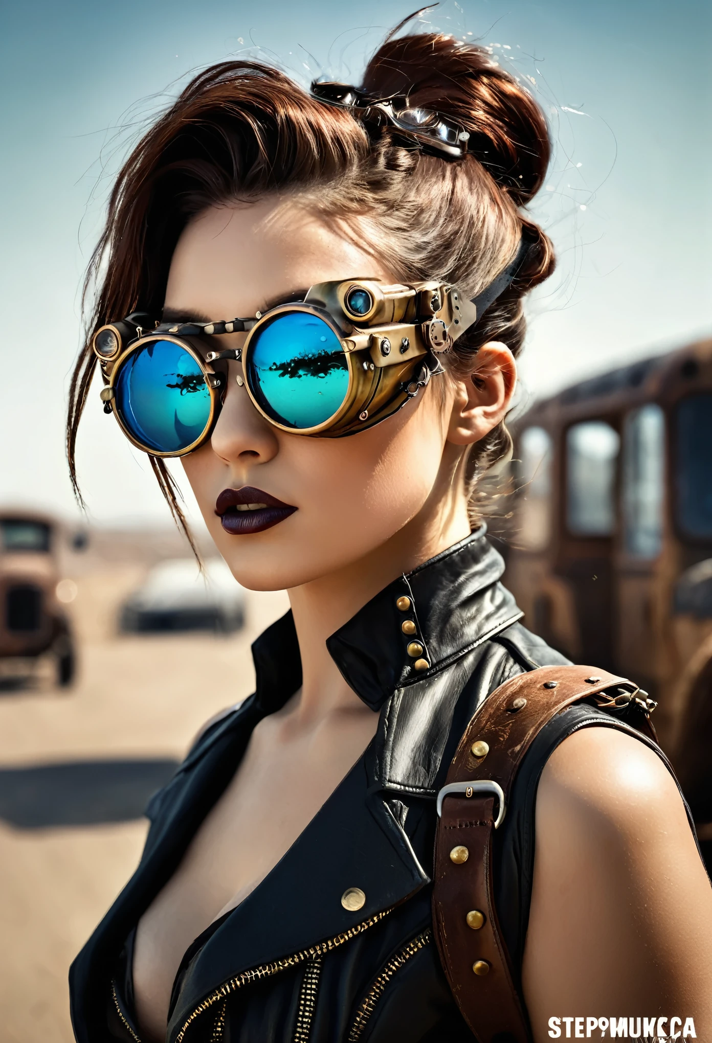 ambiente steampunk, dramatic art, estilo de arte dieselpunk, apocalyptic road warrior vibe, a girl wearing beautiful mirrored sunglasses that reflects everything around her, arte digital surrealista, Mad Max inspirado, heavy metal artwork, simetria da face cromada, arte steampunk digital, no estilo Mad Max, metal art, not art style by Filip Hodas, arte digital steampunk, dieselpunk, em um mundo hightech
