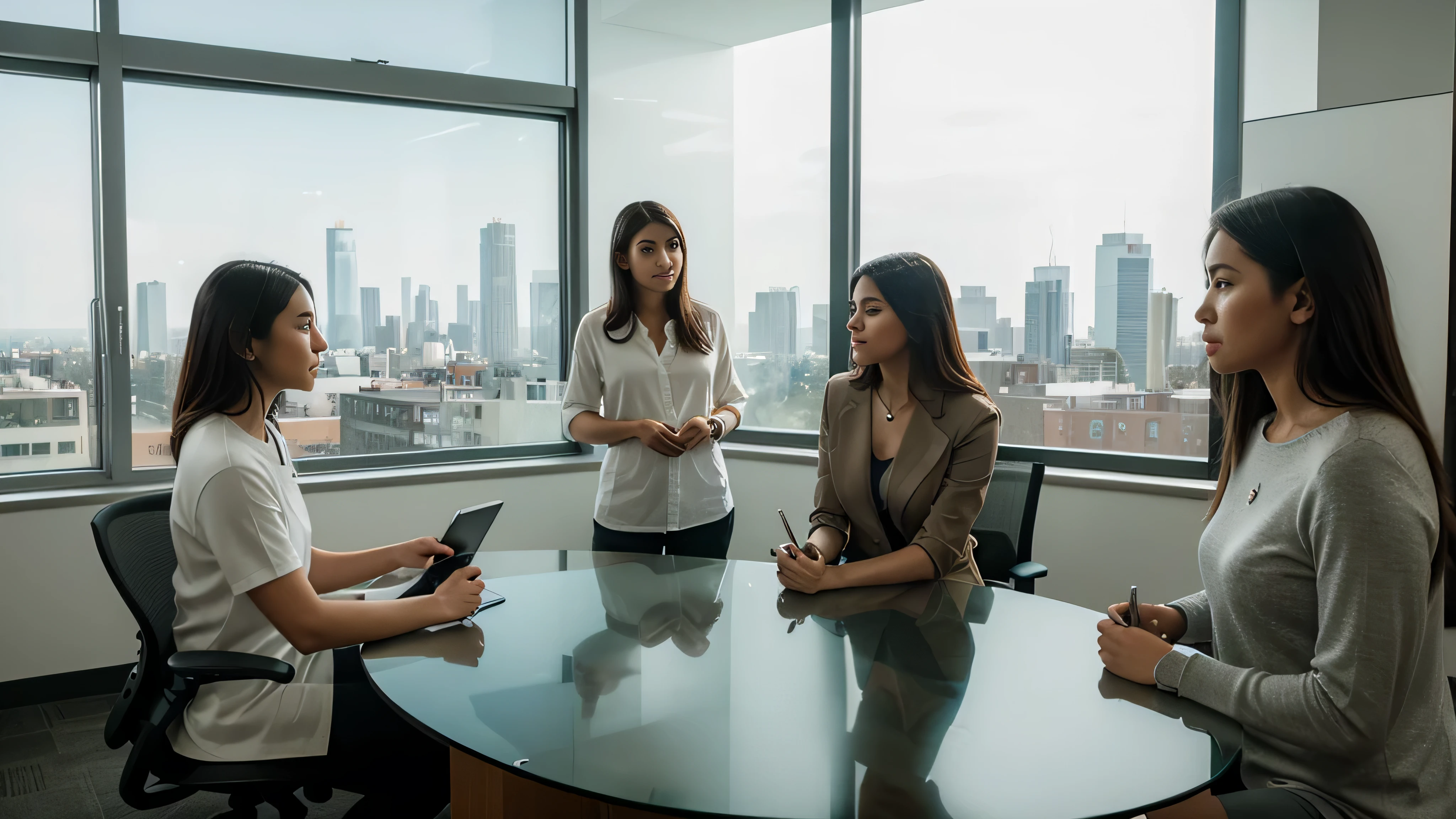 Subject: A diverse group of professionalulti-ethnic and varied ages)
Action: Brainstorming and discussing ideas around a circular glass conference table, one person pointing at a digital screen.
Background: A sleek, minimalist office space with large windows offering a view of a city skyline.
Lighting Conditions: Soft natural light filtering in through the windows, casting gentle shadows.
Dominant Colors: Neutral tones with pops of vibrant colors from digital screens and office furniture.
Mood: Energetic, collaborative, and innovative.
