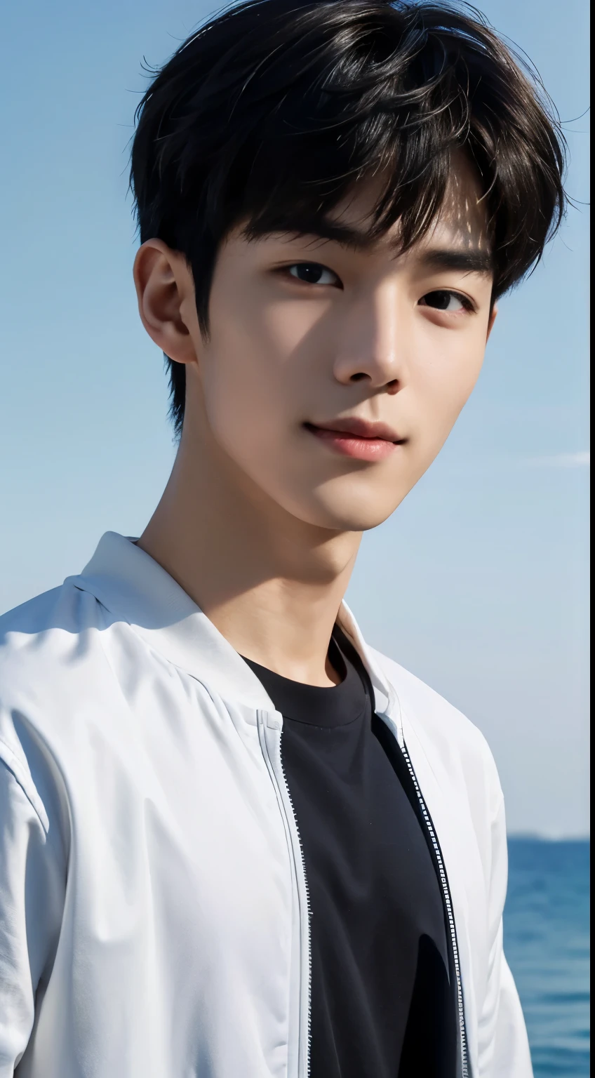 (realistically, masterpiece, 8K HD, good lighting quality, sportswear, fit snugly on face, intricate details), a handsome korean young man, 20 years old, happy, Smile brightly, Detailed face, delicate eyes, look at sky, Wear casual clothing, period, black eyes, black hair color hair, smooth hair, Bangs, Outdoor sports, seaside, sunny,blue sky，Surreal，Super detailed，top quality，actual，