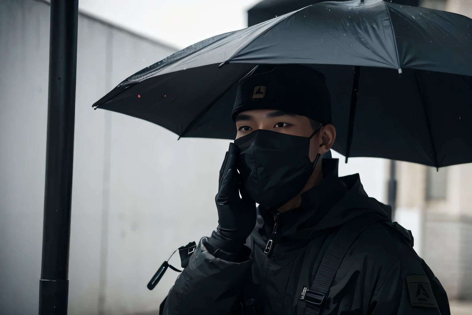 A soldier covers his face with a large black umbrella