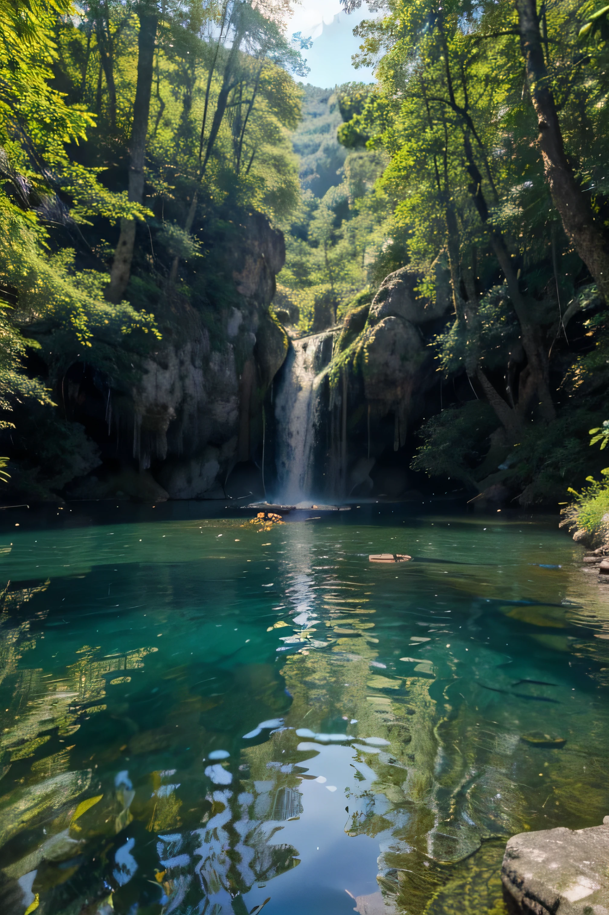 "(best quality,4k,8k,highres,masterpiece:1.2),ultra-detailed,realistic,photorealistic,pale brown rocks,green trees,glistening sunlight,clear turquoise water,small waterfall,peaceful atmosphere,natural beauty,harmonious colors,crystal clear reflections,natural textures,lush vegetation,serene environment,tranquil setting,Croatia,Plitvice lake,majestic scenery,mirror-like lake surface,sunlit pathways,wildflowers,breathtaking views,splendid landscapes,reflection of the sky,fresh air,sun-kissed leaves,serene ambience,glimmering water,magical paradise,hiker's dream destination,enchanted forest,spectacular hiking trails,jaw-dropping beauty"