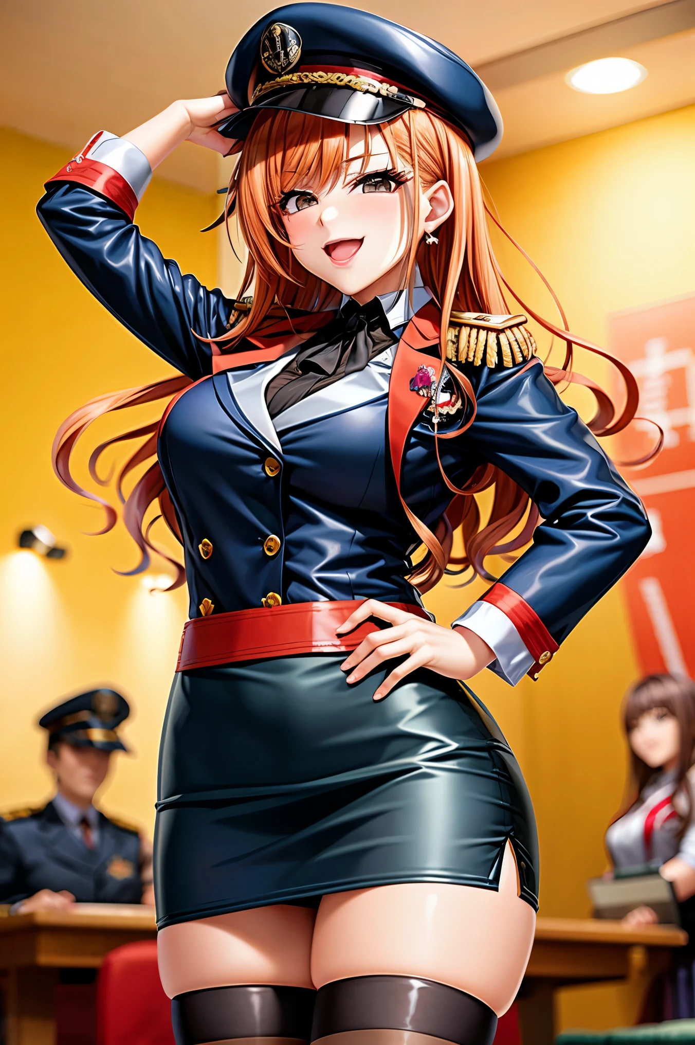 (arisugawa natsuha:1.2), long hair, orange hair, grey eyes, hand on hip, gold earrings, large breasts, jewelry, heart shaped, military cap, beret, (military uniform), (epaulette), jacket, harness, thigh strap, black thigh boots, skirt, (pencil skirt), miniskirt, corruption, empty eyes, half-closed eyes, evil smile, no pupils, open mouth, smirk, cowboy shot