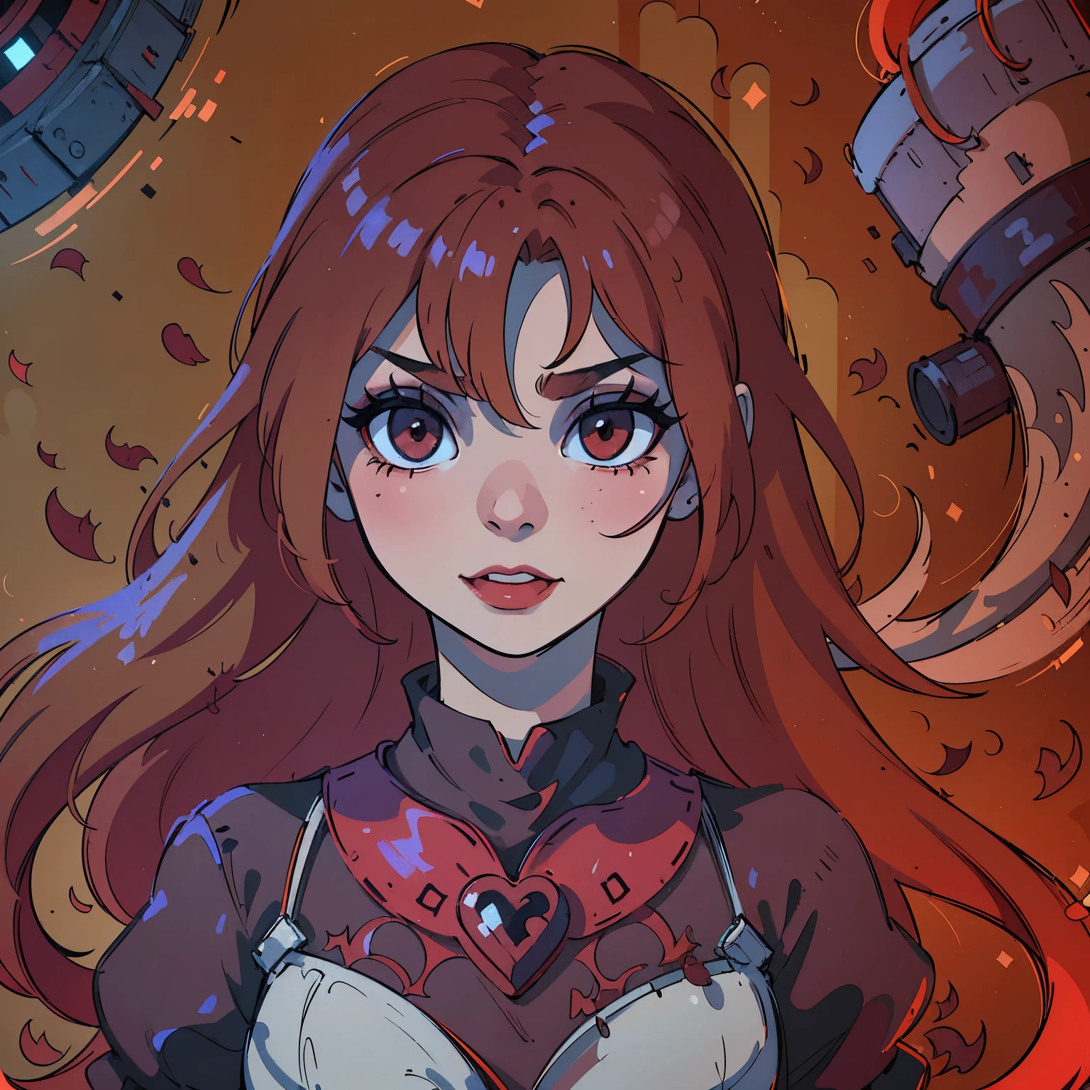 (best quality,4k,8k,highres,masterpiece:1.2),ultra-detailed,(realistic,photorealistic,photo-realistic:1.37),blood red hair,blood red eyes,extremely detailed eyes and face,lighter skin,vivid colors,dark shadows,dramatic lighting,gothic,horror,portrait,very red hair,beautiful nose,smile, Do not alter the hair fringe,Red lipstick, smile with beautiful teeth, Regular mouth not too big
