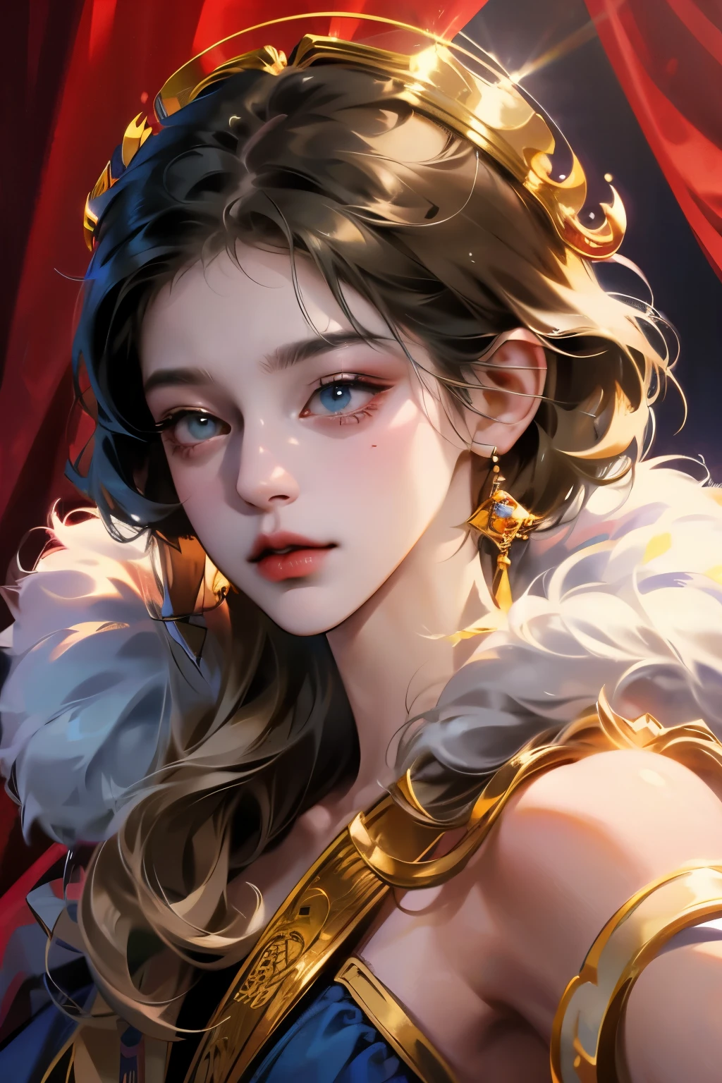 8k,best quality,masterpiece,ultra high resolution,(Realism:1.4),original photo,(Realistic skin texture:1.3),(film grain:1.3),(Selfie angle),1 girl,blue clothes,Sapphire eyes and beautiful facial details,masterpiece,best quality,close up,Upper body,Wearing a red fur shawl,Off the shoulders,black hair,golden hair accessories