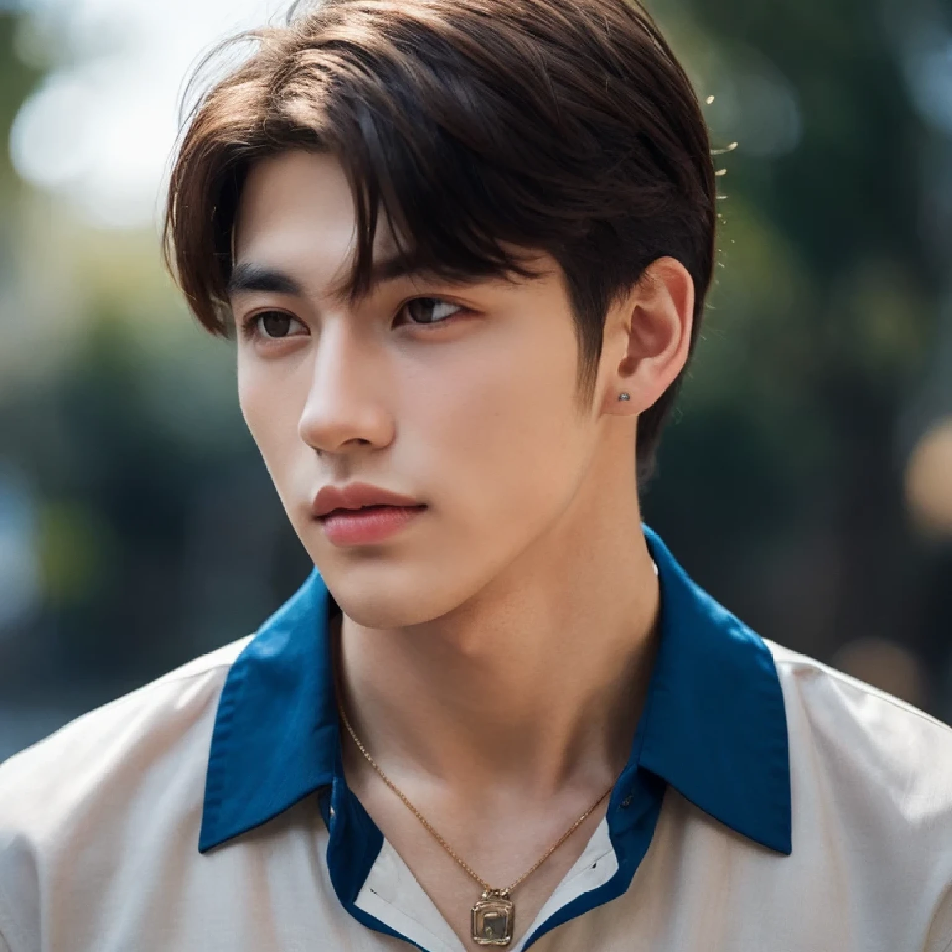 Wearing a colorful shirt、boy with necklace around his neck, handsome young man, male model, Handsome guy, beautiful impressive realistic, real 8k, attractive man, Handsome guyの顔, detailed face, attractive young man, Square jawline, detailed face, 8k