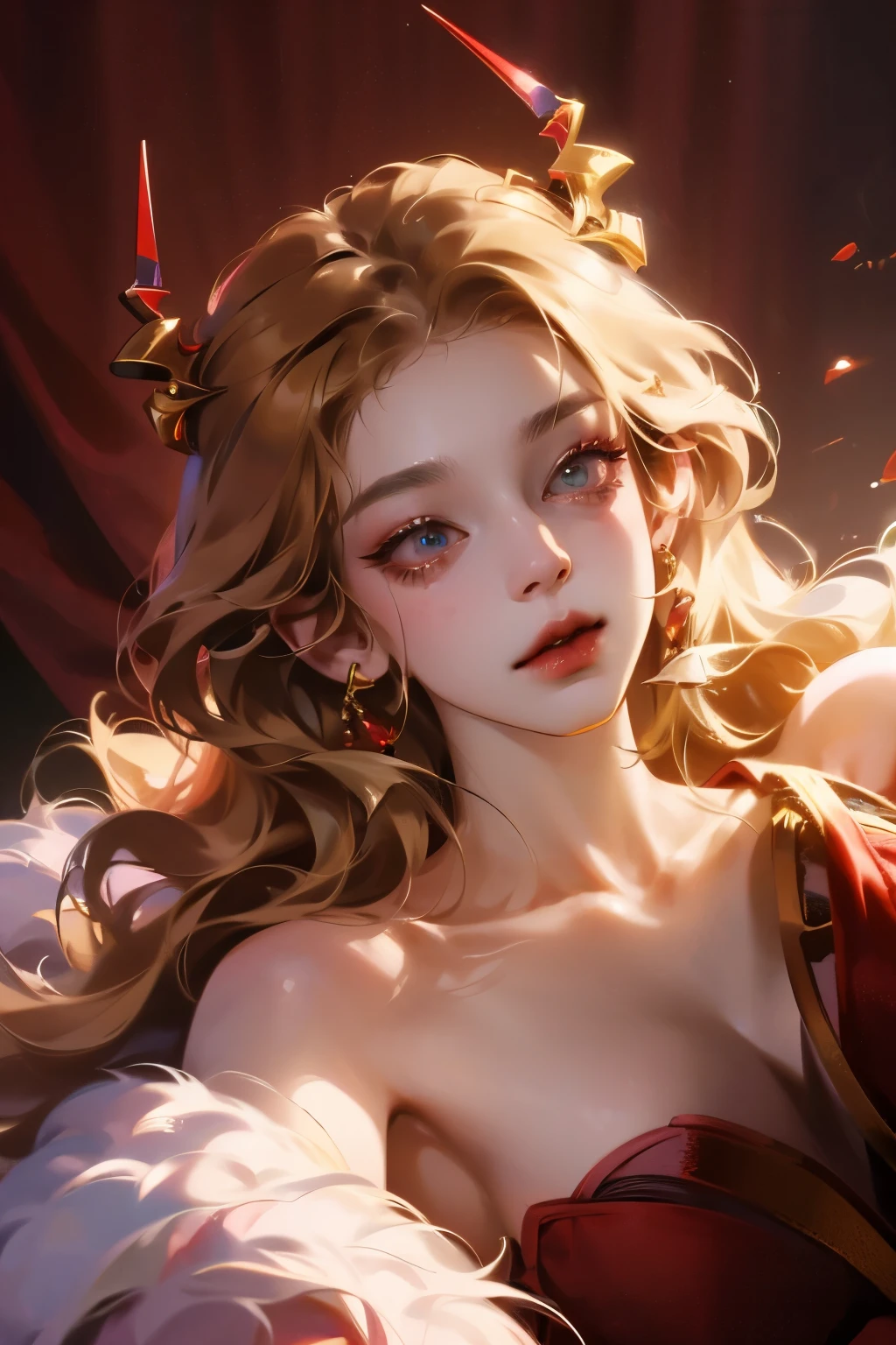 8k,best quality,masterpiece,ultra high resolution,(Realism:1.4),original photo,(Realistic skin texture:1.3),(film grain:1.3),(Selfie angle),1 girl,pink、red clothes,Sapphire eyes and beautiful facial details,masterpiece,best quality,close up,Upper body,Wearing a red fur shawl,Off the shoulders,black hair,golden hair accessories