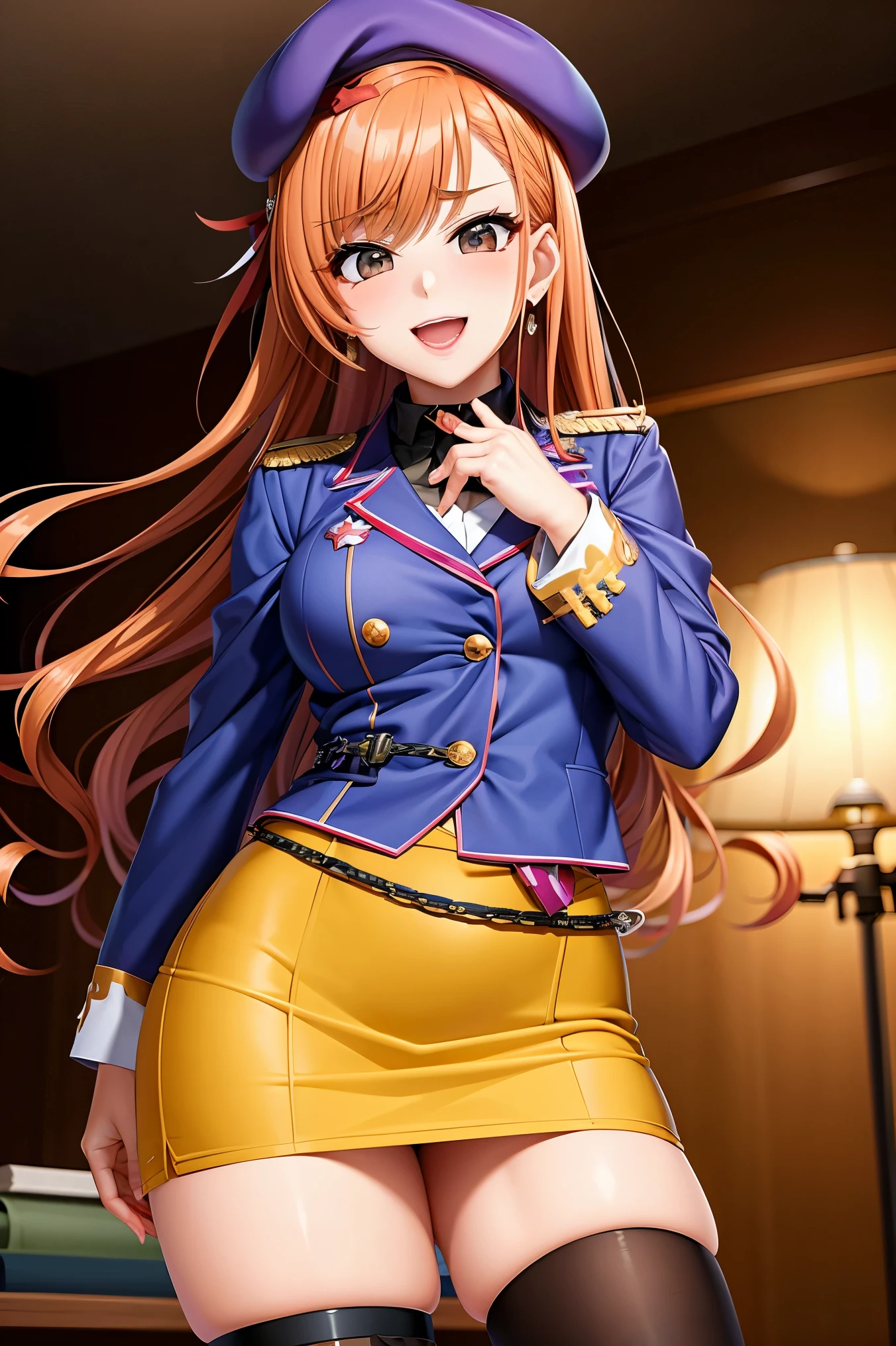 (arisugawa natsuha:1.2), long hair, orange hair, grey eyes, hand on hip, gold earrings, large breasts, jewelry, heart shaped, military cap, beret, (military uniform), (epaulette), jacket, harness, thigh strap, black thigh boots, skirt, (pencil skirt), miniskirt, corruption, empty eyes, half-closed eyes, evil smile, no pupils, open mouth, smirk, cowboy shot