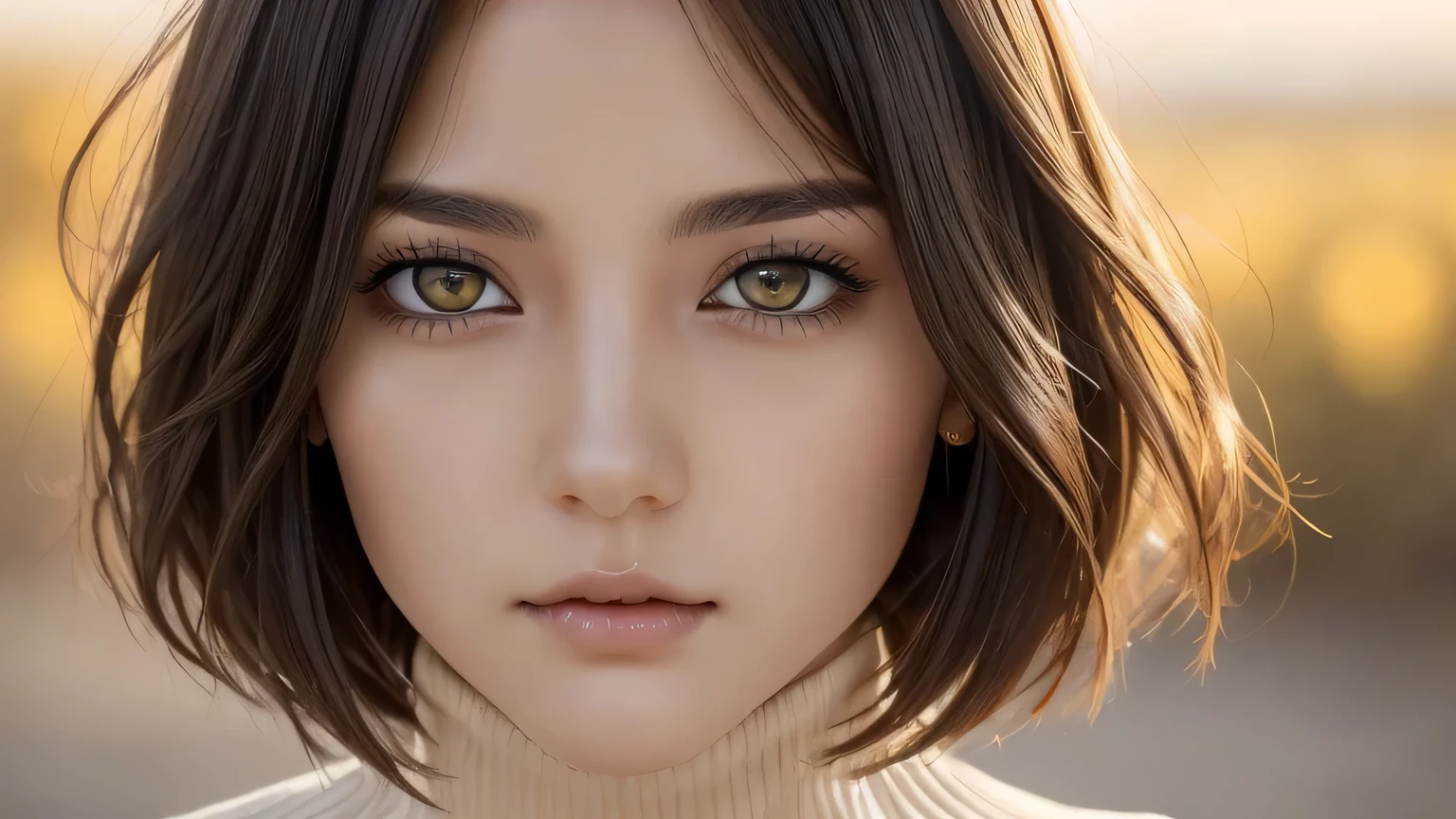 1 female、28 years old、Adult and realistic face、beautiful hair、brown hair、shortcut、bob cut、My hair was messed up by the wind、fine and beautiful eyes、slanted eyes、yellow eyes、powerful eyes、A face full of fearlessness、brown skin、face straight toward the camera、gray turtleneck、