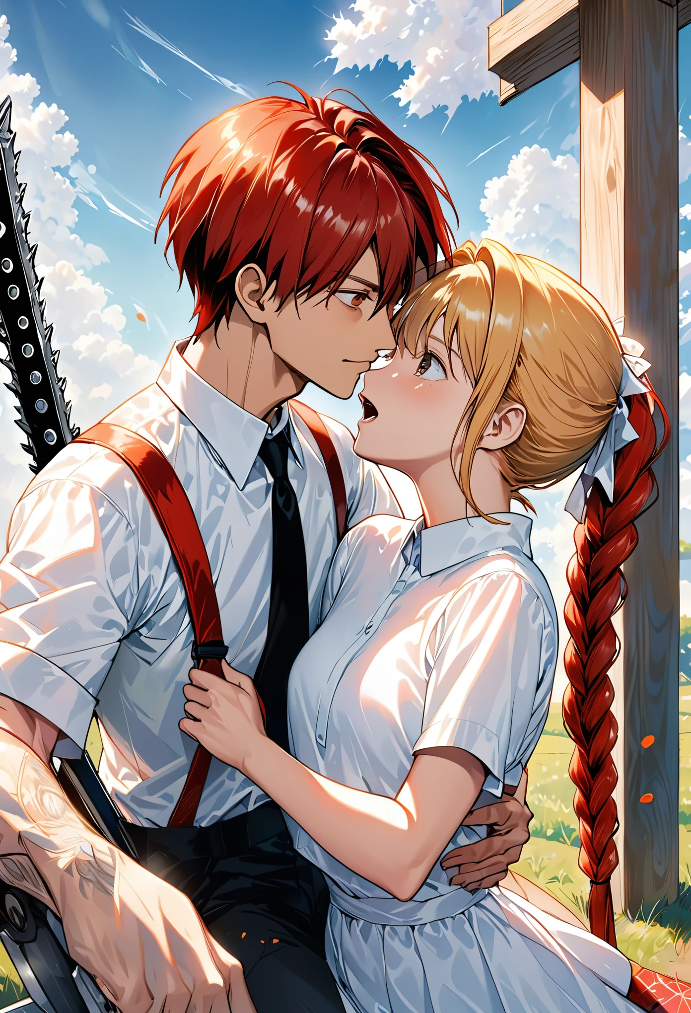open mouth,(kiss),最好of质量, Extremely detailed,1 girl,1 boy, sitting,in flight and (1 boy:1.4) blond, worth (chainsaw man),and 1 girl,hand (chainsaw man), 最好of质量, Super detailed, 1 girl, , Permanently installed, Red hair, long braids, 金色of眼睛, Bangs,, Big , stare, Smile, (of:1.2),, hand (chainsaw man),shirt, side lock, 独自of, , white shirt, black tie, Black pants