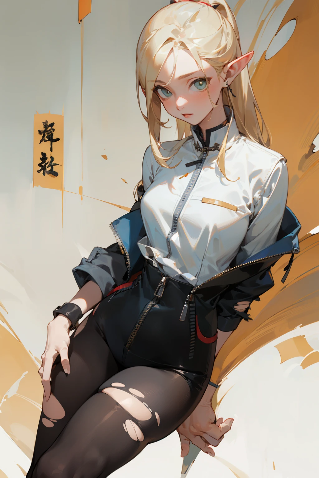 (masterpiece, best quality) detailed, Wearing black tights, silver accessories , zipper unzipped , blonde ,elegant, pointed ears ,Chinese element pattern,thigh,漏出thigh,white shirt,torn clothes