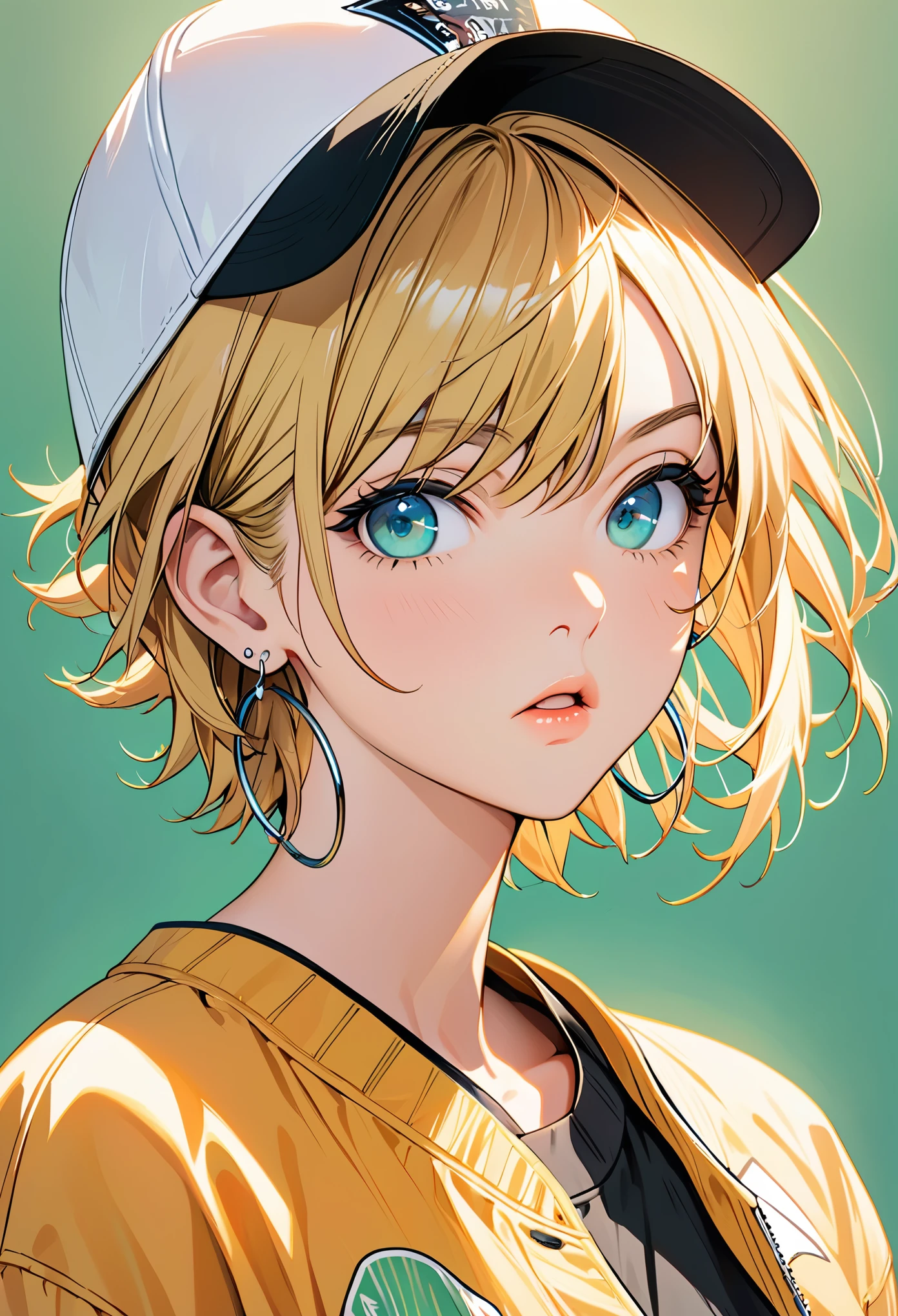 Tetsuya Nomura, masterpiece, best quality, 1 girl, aqua eyes, baseball cap, blonde hair, Keep your mouth shut, earrings, green background, have, hoop earrings, jewelry, looking at the audience, shirt, short hair, simple background, alone, Upper body, yellow shirt 