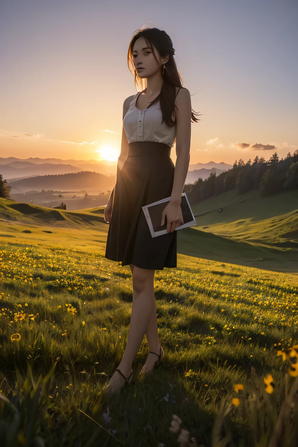masterpiece, best quality, sky, Sunset, on a meadow, Album,Art Books,