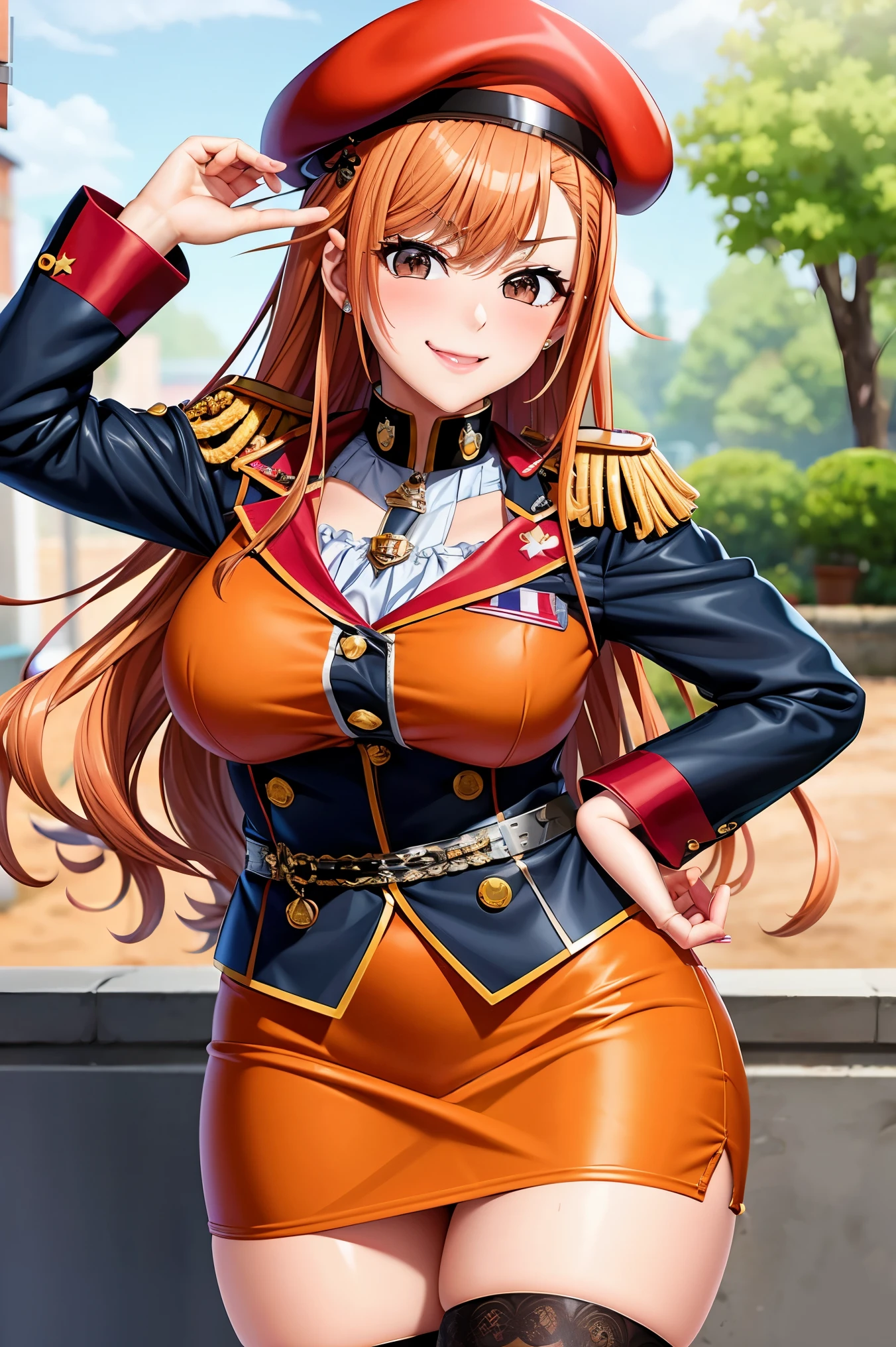 (arisugawa natsuha:1.2), long hair, orange hair, grey eyes, hand on hip, gold earrings, large breasts, jewelry, heart shaped, military cap, beret, (military uniform), (epaulette), jacket, harness, thigh strap, black thigh boots, skirt, (pencil skirt), miniskirt, frown, evil smile, no pupils, open mouth, smirk, huge breast, cowboy shot