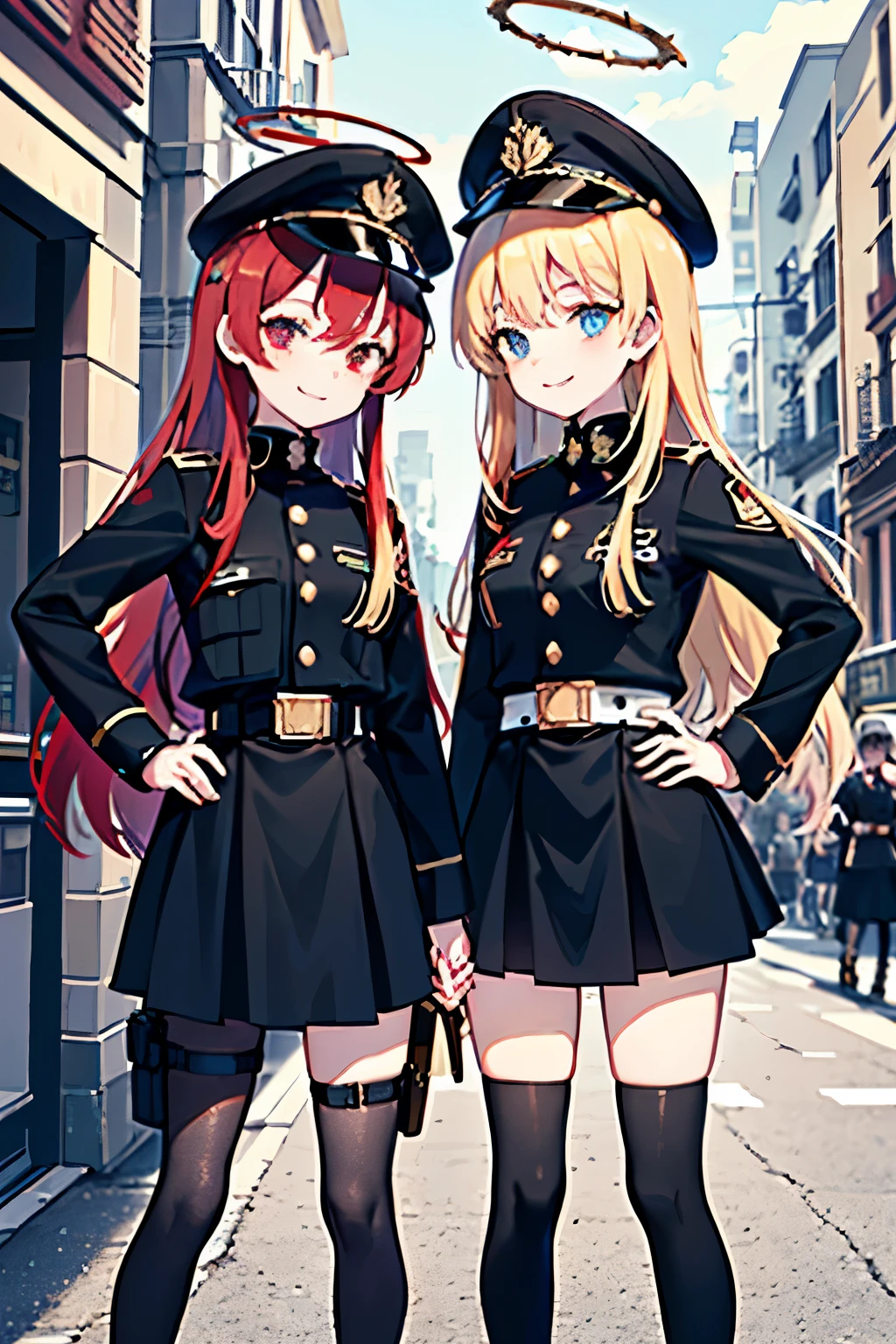 Miku Nakano, miku nakano, Long Hair, bangs, blue eyes, Brown Hair, shirt, Hair between the eyes, , Headphones around neck,Police hat,smile,blush,Open your mouth,Sexy police uniform,Black Pencil Skirt,Black pantyhose,Stiletto heels,Girl salutes, Hands are applied to the head, look up,Daytime,Clear skies,whole bodyがイラストに入るように,立っている
break outdoors, city,Building district,
break looking at viewer, whole body,
break (masterpiece:1.2), Highest quality, High resolution, unity 8k wallpaper, (shape:0.8), (Fine and beautiful eyes:1.6), Highly detailed face, Perfect lighting, Highly detailed CG, (Perfect hands, Perfect Anatomy),