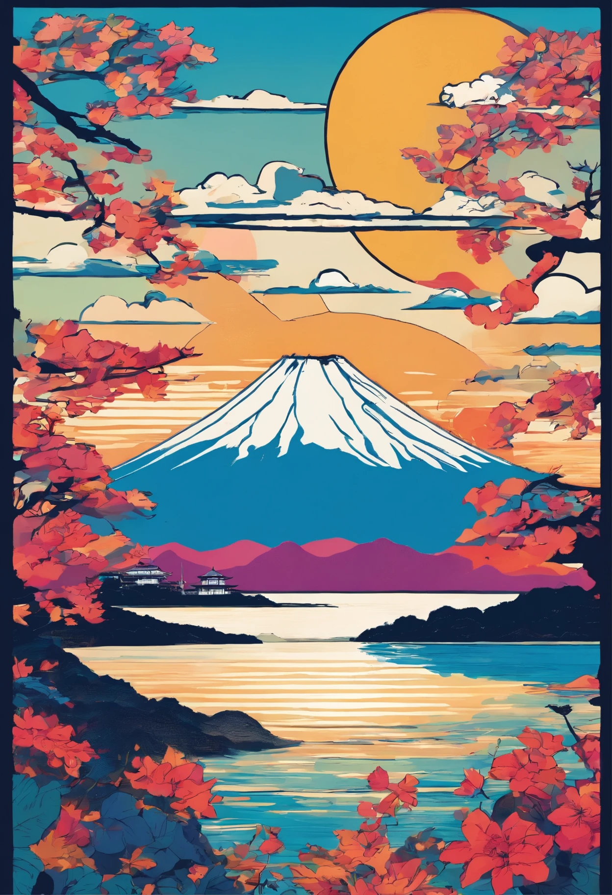 Mt. Fuji at sunrise can be seen beyond Enoshima Island