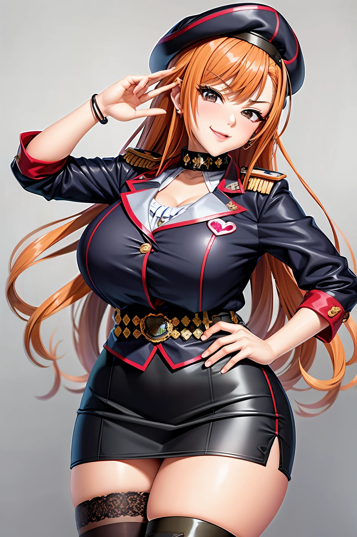 (arisugawa natsuha:1.2), long hair, orange hair, grey eyes, hand on hip, gold earrings, large breasts, jewelry, heart shaped, military cap, beret, (military uniform), (epaulette), jacket, harness, thigh strap, black thigh boots, skirt, (pencil skirt), miniskirt, frown, evil smile, open mouth, smirk, huge breast, cowboy shot