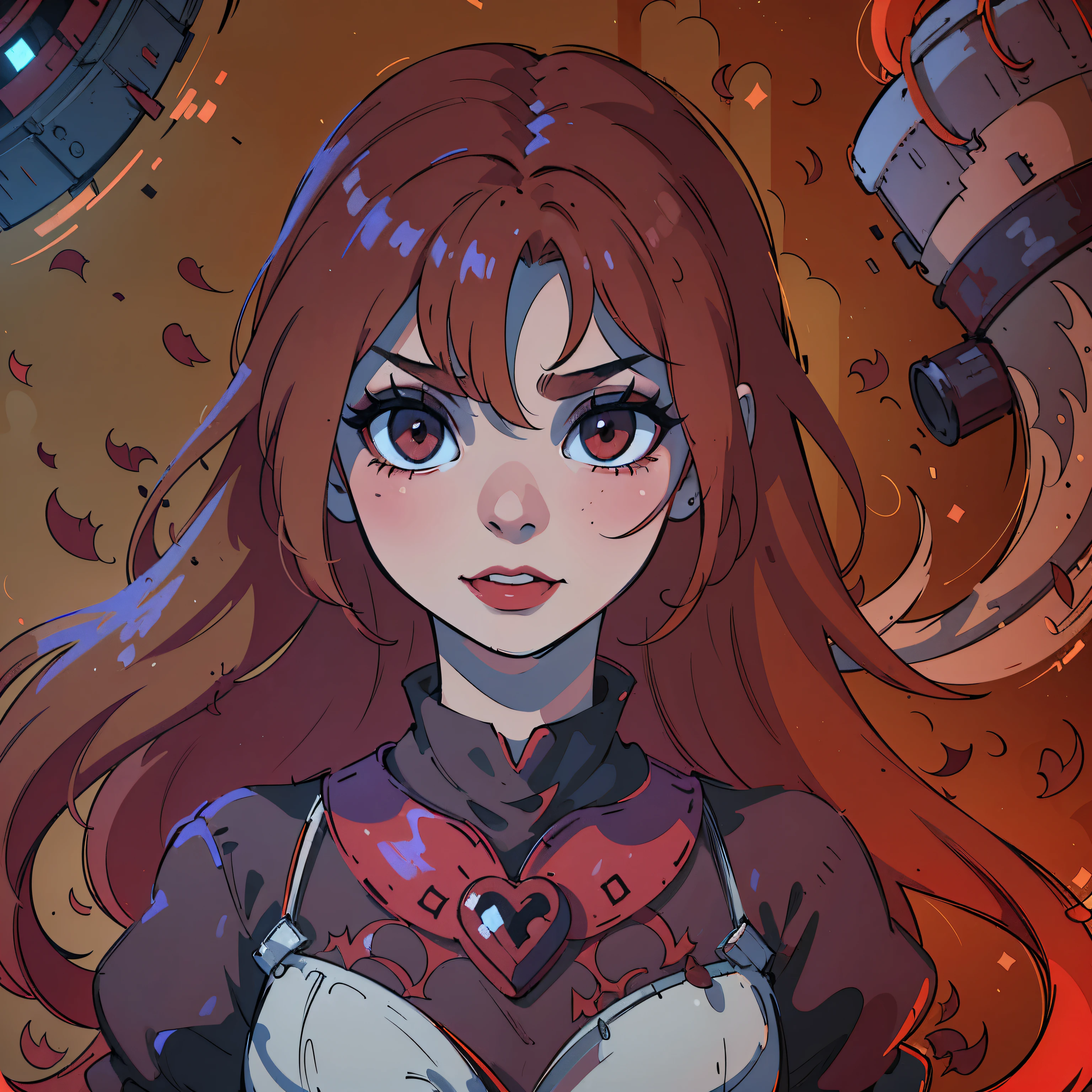 (melhor qualidade,4k,8K,high resolution,obra de arte:1.2),ultra-detalhado,(Realista,photoRealista,photo-Realista:1.37),cabelo vermelho sangue,olhos vermelhos de sangue,olhos e rosto extremamente detalhados,pele mais clara,cores vivas,sombras escuras,dramatic lighting,Gothic,Horror,retrato,cabelo muito ruivo,lindo nariz,sorriso, Do not change the hair bangs,batom vermelho, sorriso with beautiful teeth, Normal mouth not very big