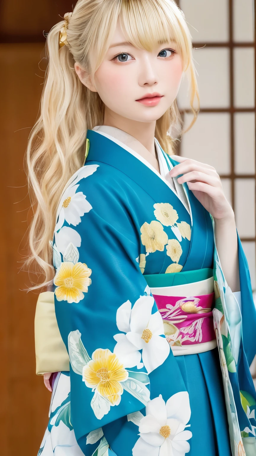 table top, highest quality, very delicate and beautiful girl,very delicate and beautiful, world masterpiece theater, Super detailed, very detailed, highest quality, very beautiful silky blonde,((kimono,Japanese clothing,落ち着いた色合いのkimono:1.3,濃い紺色のkimono:1.2,Sober color)), High resolution, very detailed,1 girl, highest quality, shape, looking at the viewer, Material, canvas, Oil, genuineistic, realist ,genuine,fantastic background,Otherworldly background