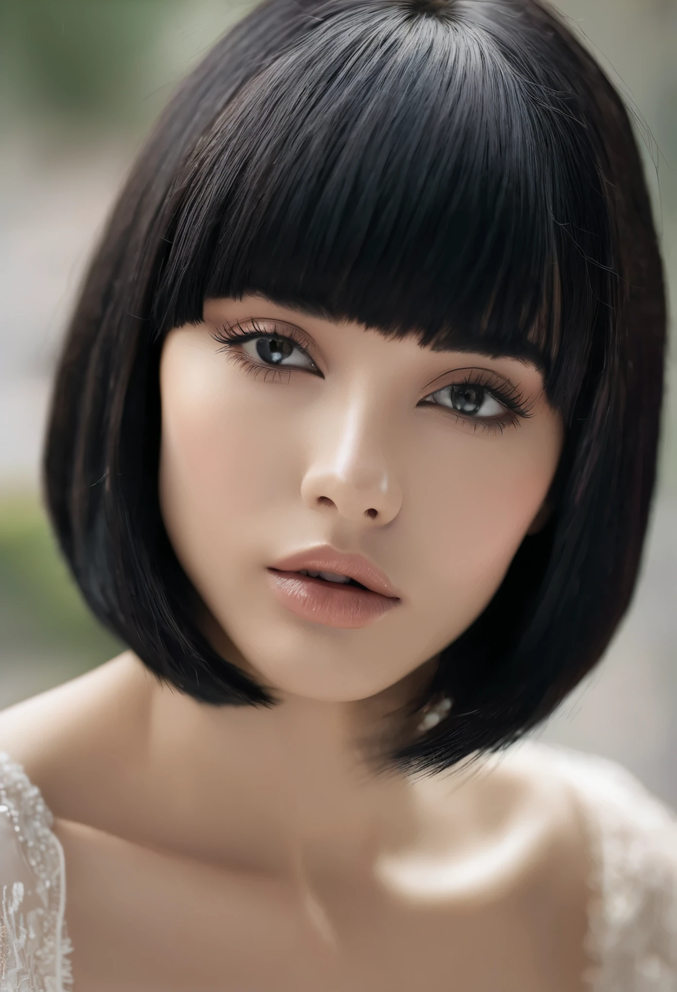 black hair, short bangs on her shoulders (eye color is black), medium-sized lips, sharp facial features, straight hair, woman