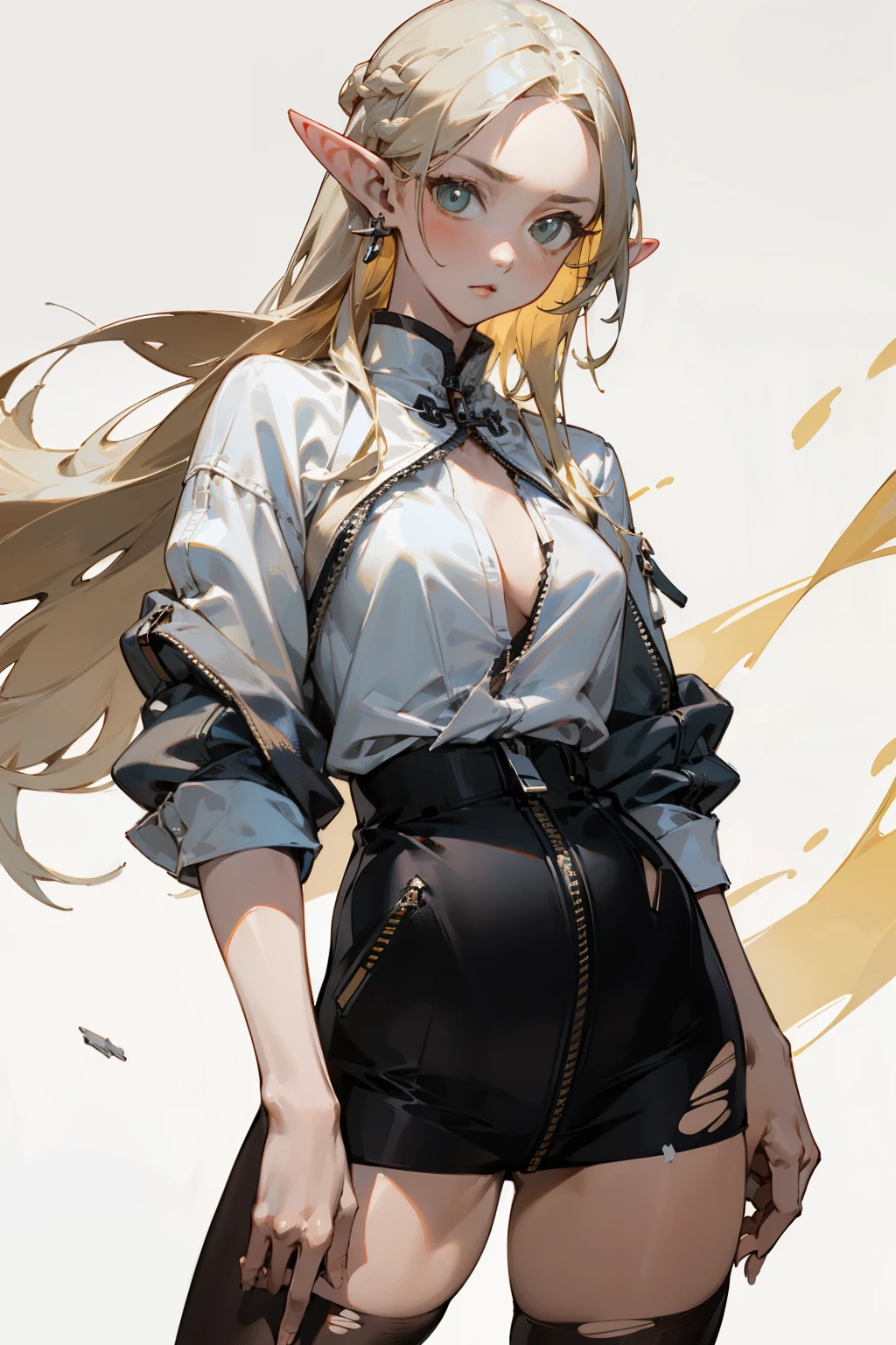 (masterpiece, best quality) detailed, Wearing black tights, silver accessories , blonde ,elegant, pointed ears ，white shirt，torn clothes，pleated skirt