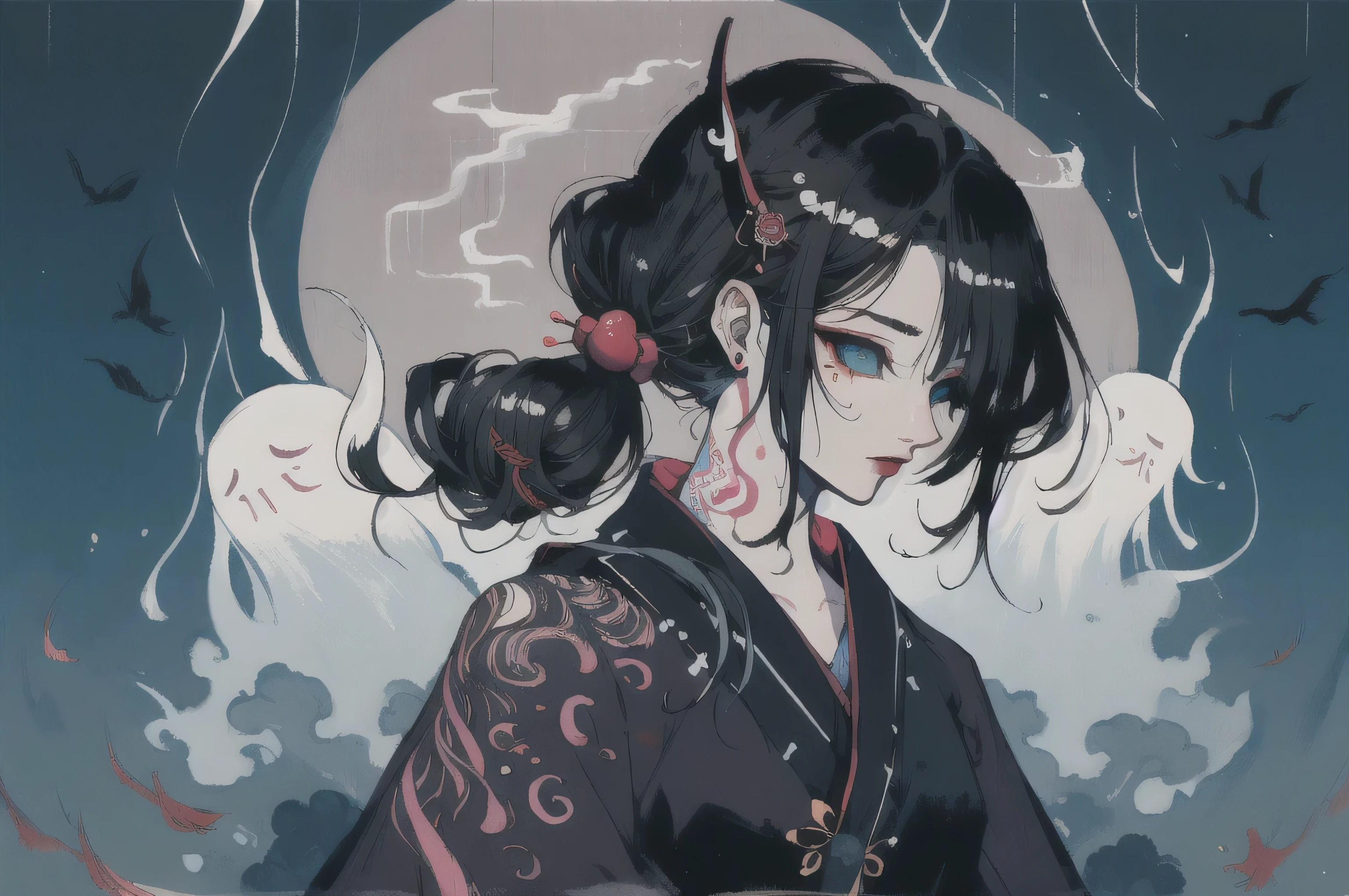 1 girl, alone, tattoo, trumpet, black hair, arm tattoo, long hair, blue eyes, looking at the audience, hair accessories, shoulder tattoo, 单trumpet, bead, bandage, bandaged arm, Hundreds of ghosts at night, nail, Keep, Oriental traditional art style, beautiful painting style, Ukiyo-style