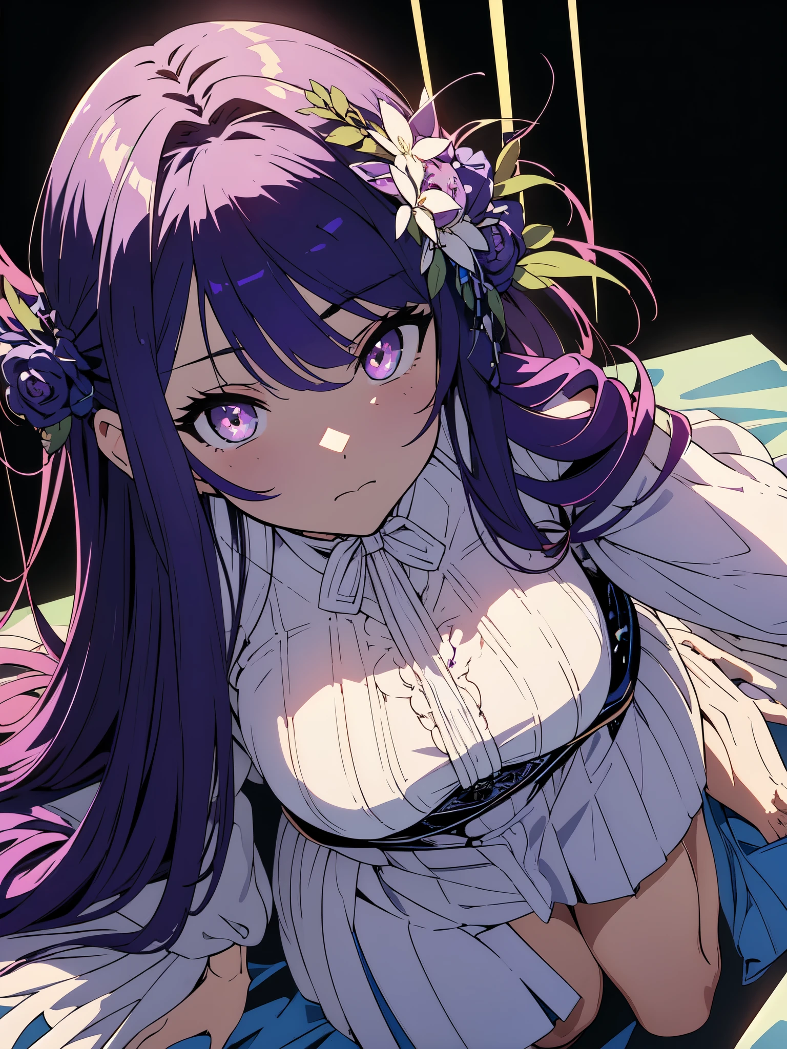 (masterpiece, high quality, beautiful graphics, high detail、detailed face),(1 girl、美しいdetailed face),(long purple hair),(beautiful lingerie)、(Too much exposed skin),(shining eyes、embarrassed expression)、(whole body)、(Angle from above),I'm in the photo studio、(A girl is sitting on a white sheet),beautiful anime