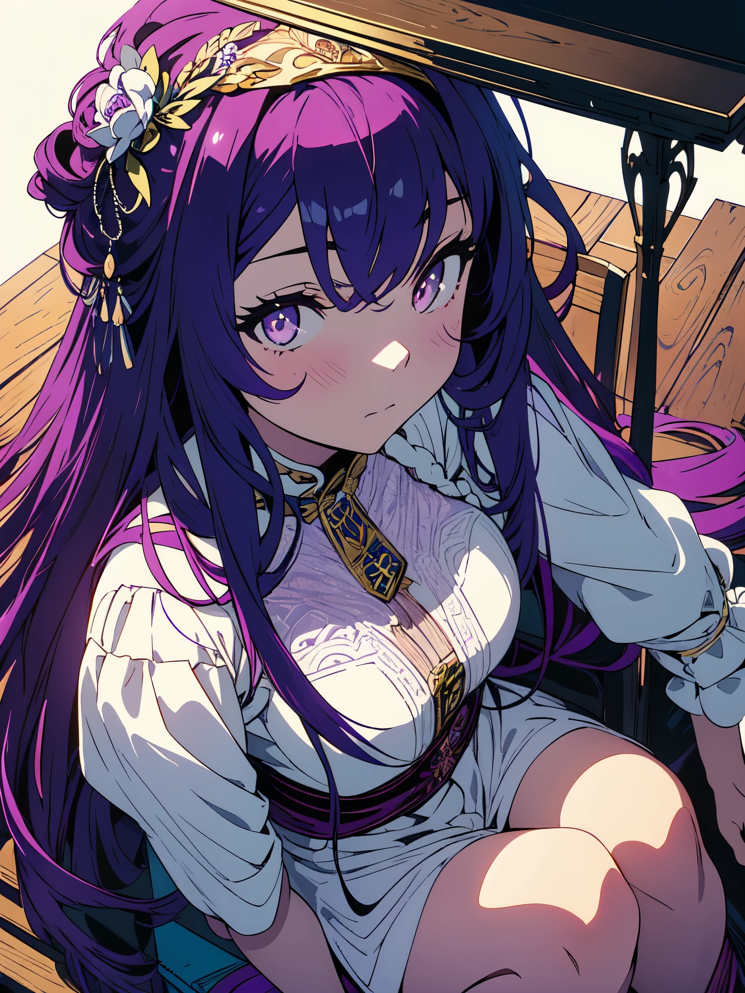 (masterpiece, high quality, beautiful graphics, high detail、detailed face),(1 girl、美しいdetailed face),(long purple hair),(beautiful lingerie)、(Too much exposed skin),(shining eyes、embarrassed expression)、(whole body)、(Angle from above),I'm in the photo studio、(A girl is sitting on a white sheet),beautiful anime