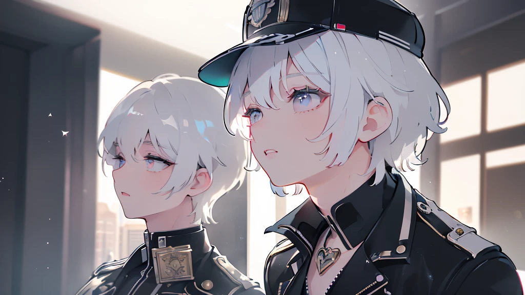Handsome young man wearing a leather jacket, wearing a cap, with silver hair, holding ice cream, silver messy hair, handsome, (8k, RAW photo, photorealistic:1.25) ,( lipgloss, eyelashes, man, gloss-face, glossy skin, dark skin, dark snik, male, best quality, ultra highres, young man, depth of field, chromatic aberration, caustics, Broad lighting, natural shading,Kpop idol) looking at viewer with a serene and god-like happiness,