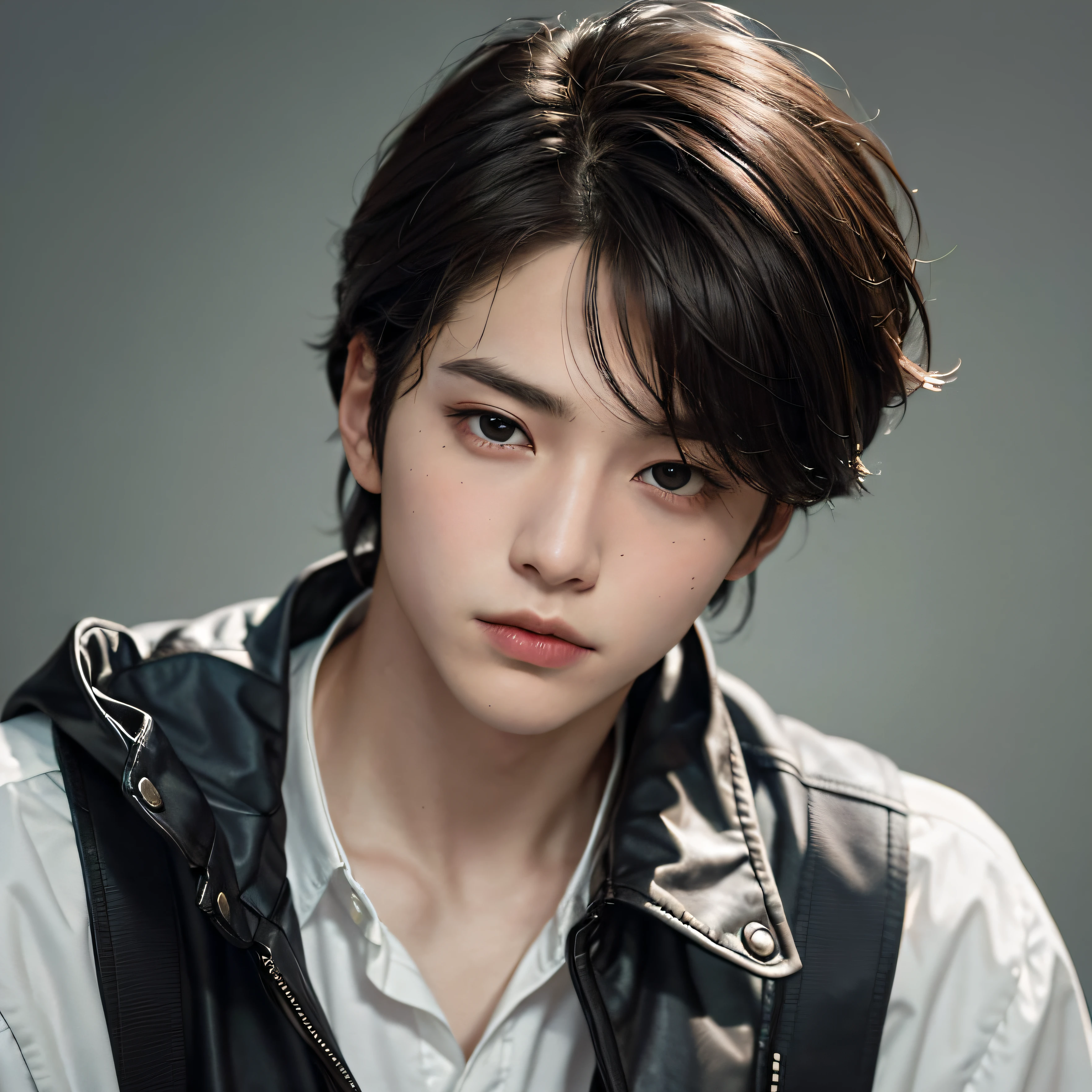 Generate an image of a young man with a neutral expression and a small face in a photorealistic style. The image should be captured in 8K resolution, and the subject should have jet-black hair in a mushroom cut style with a slight wave. His hair should completely cover his eyebrows, and he should have a short chin.
This portrait should be an up-close shot taken with a DSLR camera, focusing on the man's facial features. He should have round, expressive eyes, a straight nose, thin lips, and fair skin. The overall look should be androgynous.
Please ensure that the final image showcases the man's neutral expression, emphasizing the details of his face, such as his round eyes and slender features. His hair should fully conceal his eyebrows, and his short chin should be evident while maintaining a photorealistic style.
The previous settings and any context should be completely forgotten in this new image generation request.